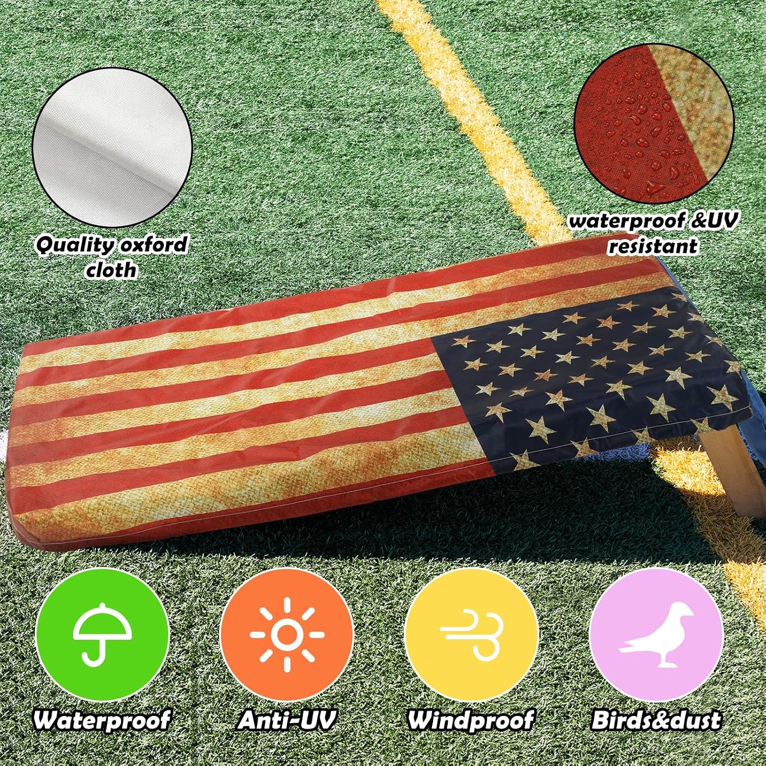 Condition photo showing As Is for 2 pcs american flag cornhole covers set - fits usa 4' x 2' patriotic boards covers with bag 250th anniversary for storing cornhole bags waterproof, & uv resistant
