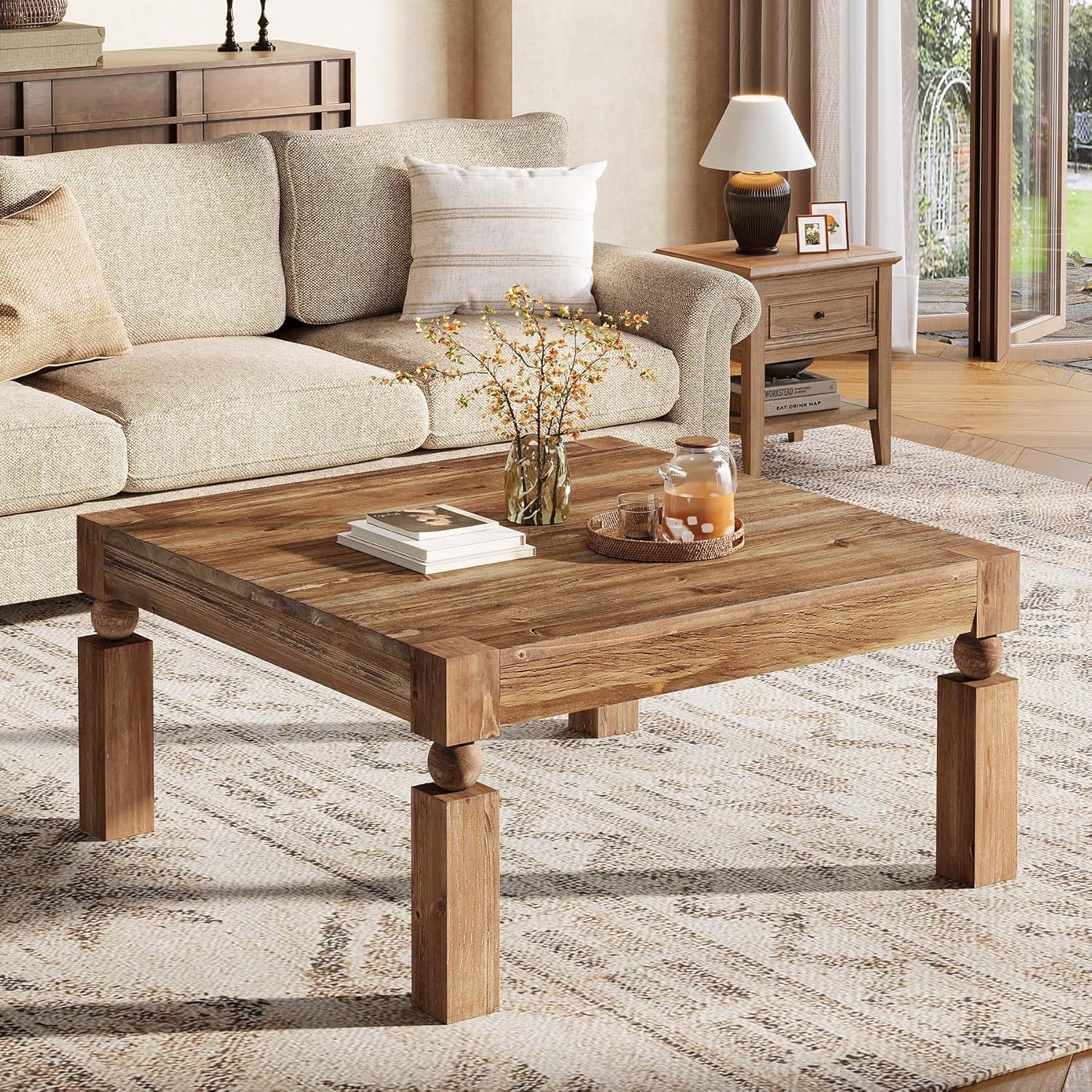 Square Wood Coffee Table, 39-Inch Farmhouse Coffee Table with Sturdy Legs, Rustic Accent Center Table for Living Room, Easy Assembly, Brown