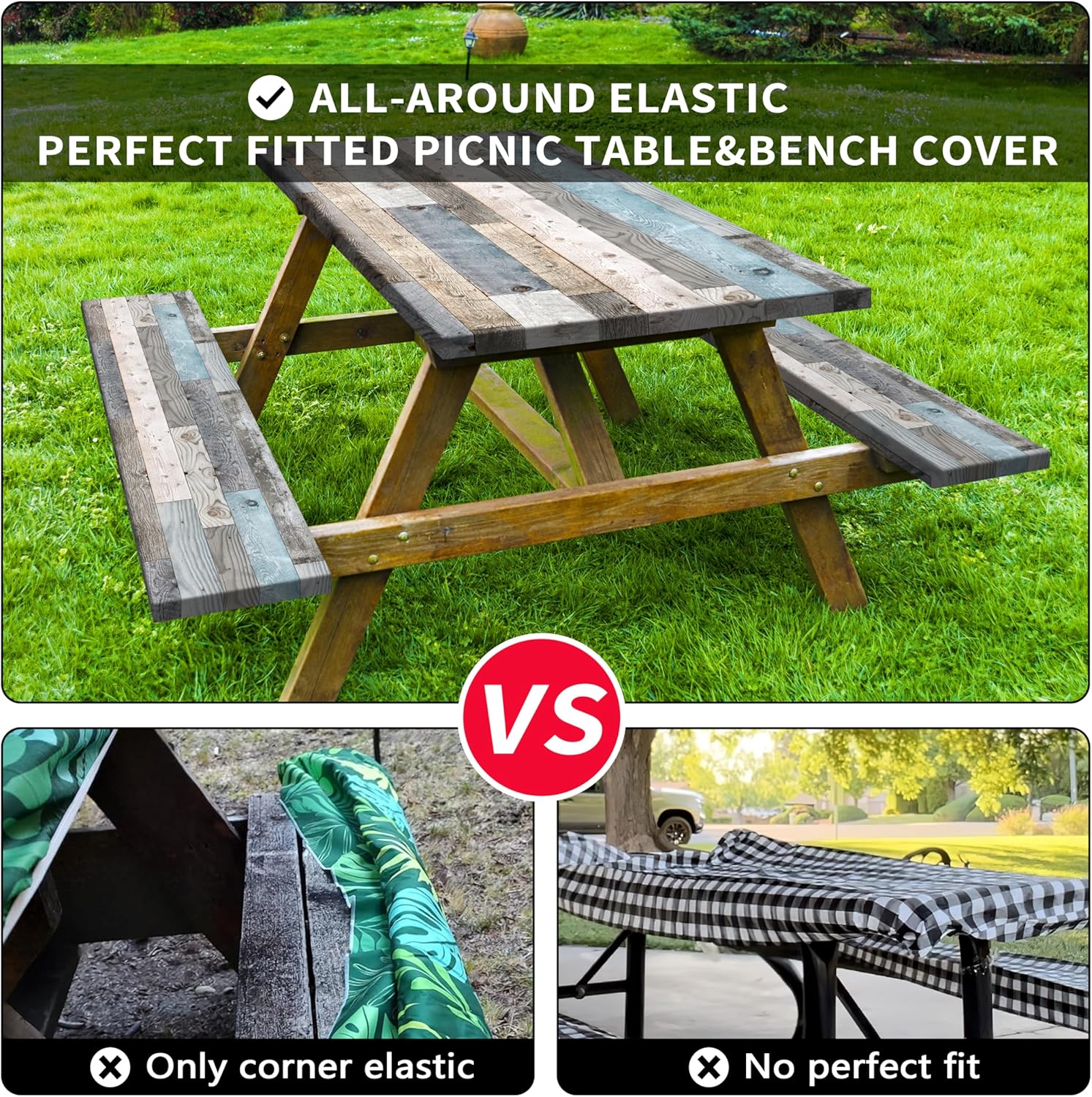 Picnic Table Cover with Bench Covers Camping Essentials Farmhouse Outdoor Table Covers with Elastic Waterproof Camping Tablecloth for Picnic Party Travel
