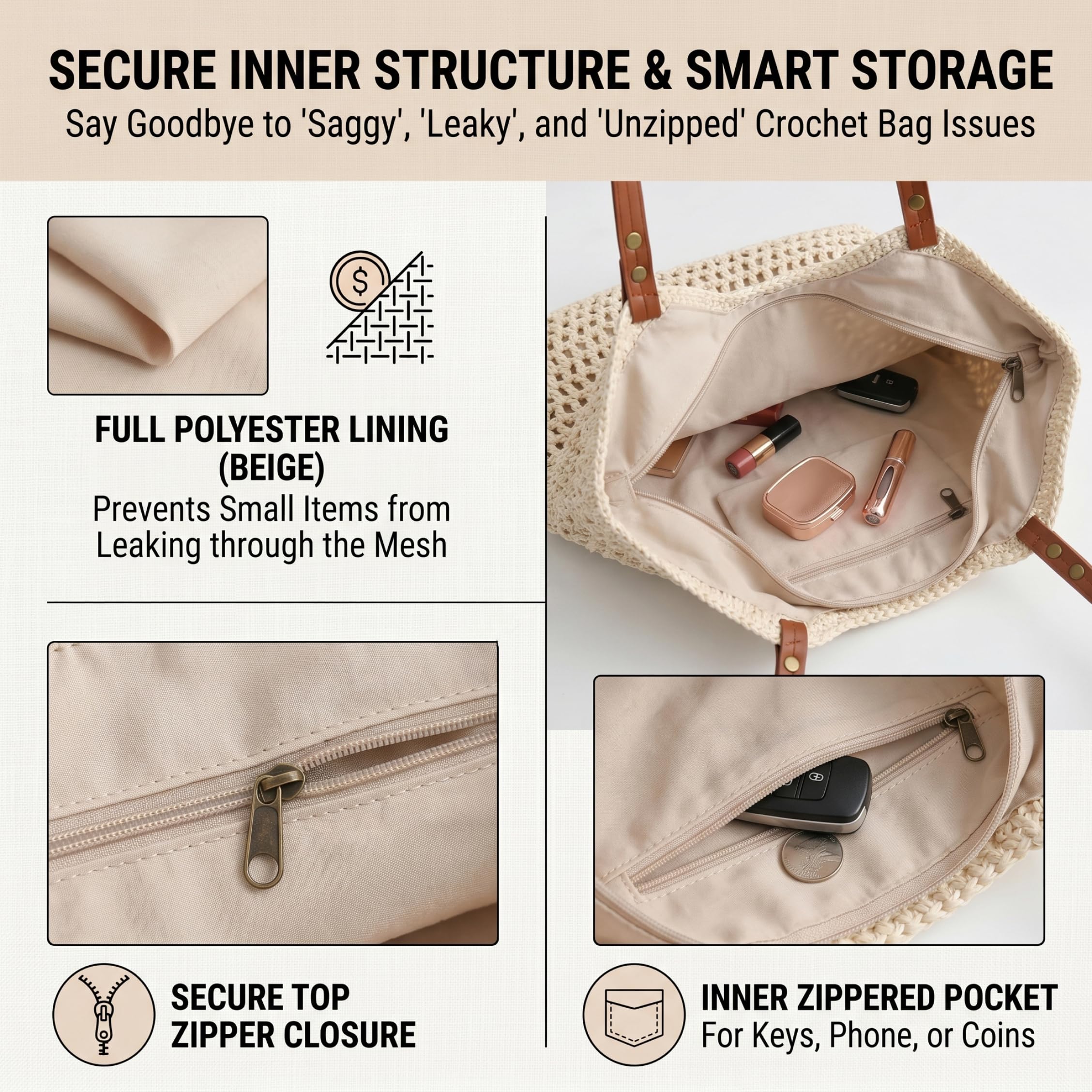 Borsa da Spiaggia Boho all'Uncinetto di capacità per Donna, Borsa in Tessuto con Cinturino in Pelle, di Paglia Fatta a Mano per Vacanze estive, Viaggi, Picnic