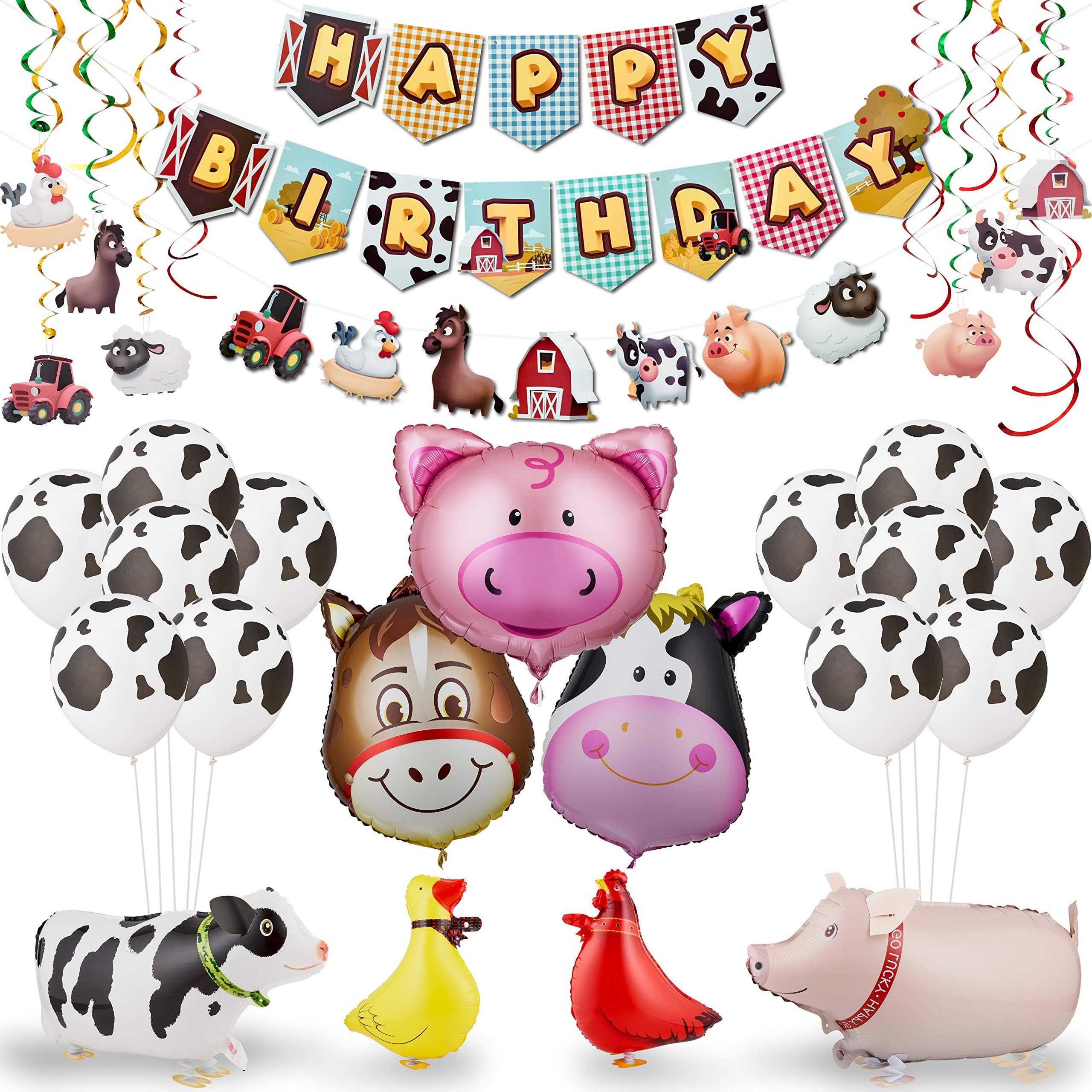 PartyCrowd Farm Birthday Party Supplies for Farm animal barnyard theme with walking animal balloons
