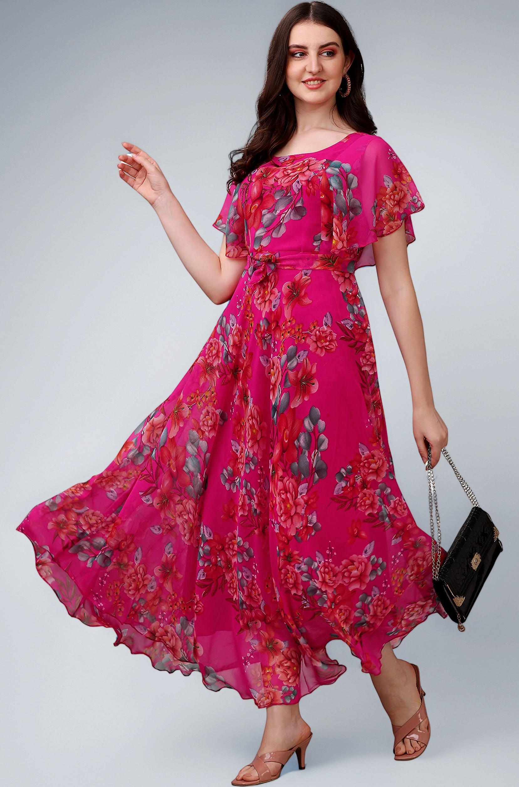 Fashion2wear Women's Georgette Floral Digital Print Short Sleeve Full-Length Fit & Flare Long Gown Dress for Girls (ET-CYWN-E1LE)