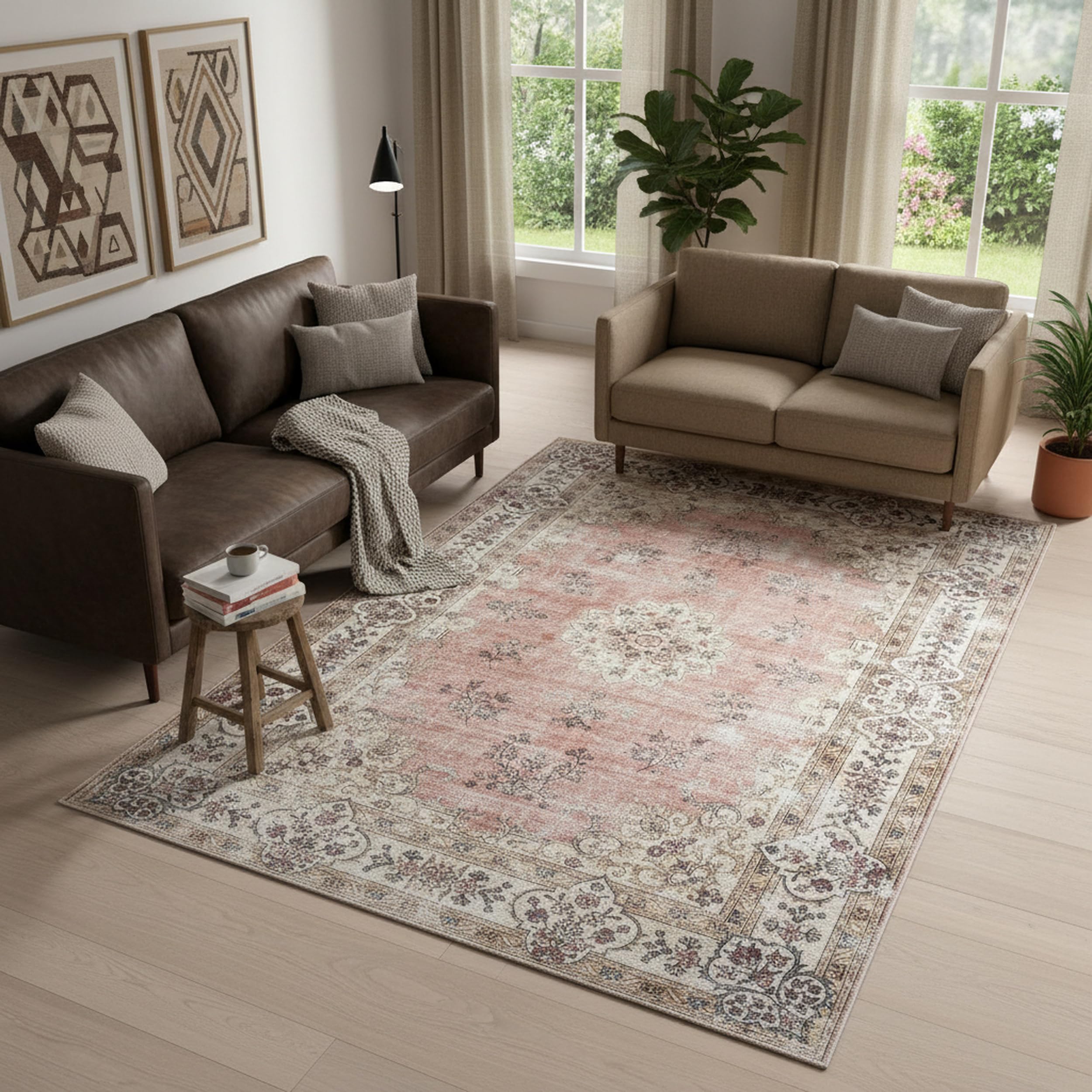 Nuloom Splashguard Teja Peach/Ivory, 2' x 3', Vintage, Soft and Cozy, High Traffic, Stain Resistant, Easy Clean, Durable, Machine Washable Area Rug