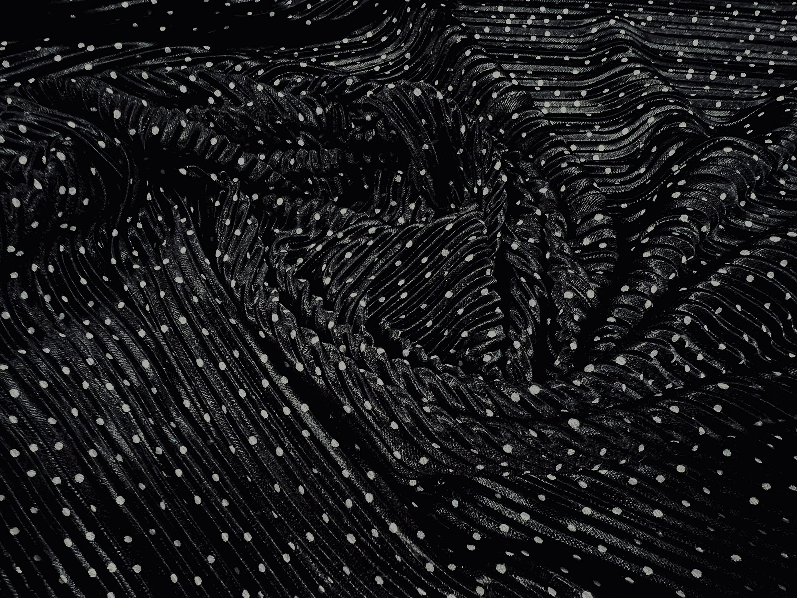 Plissé Stretch Satin Pleated Dress Fabric, per metre - Spotty Print - Black & White