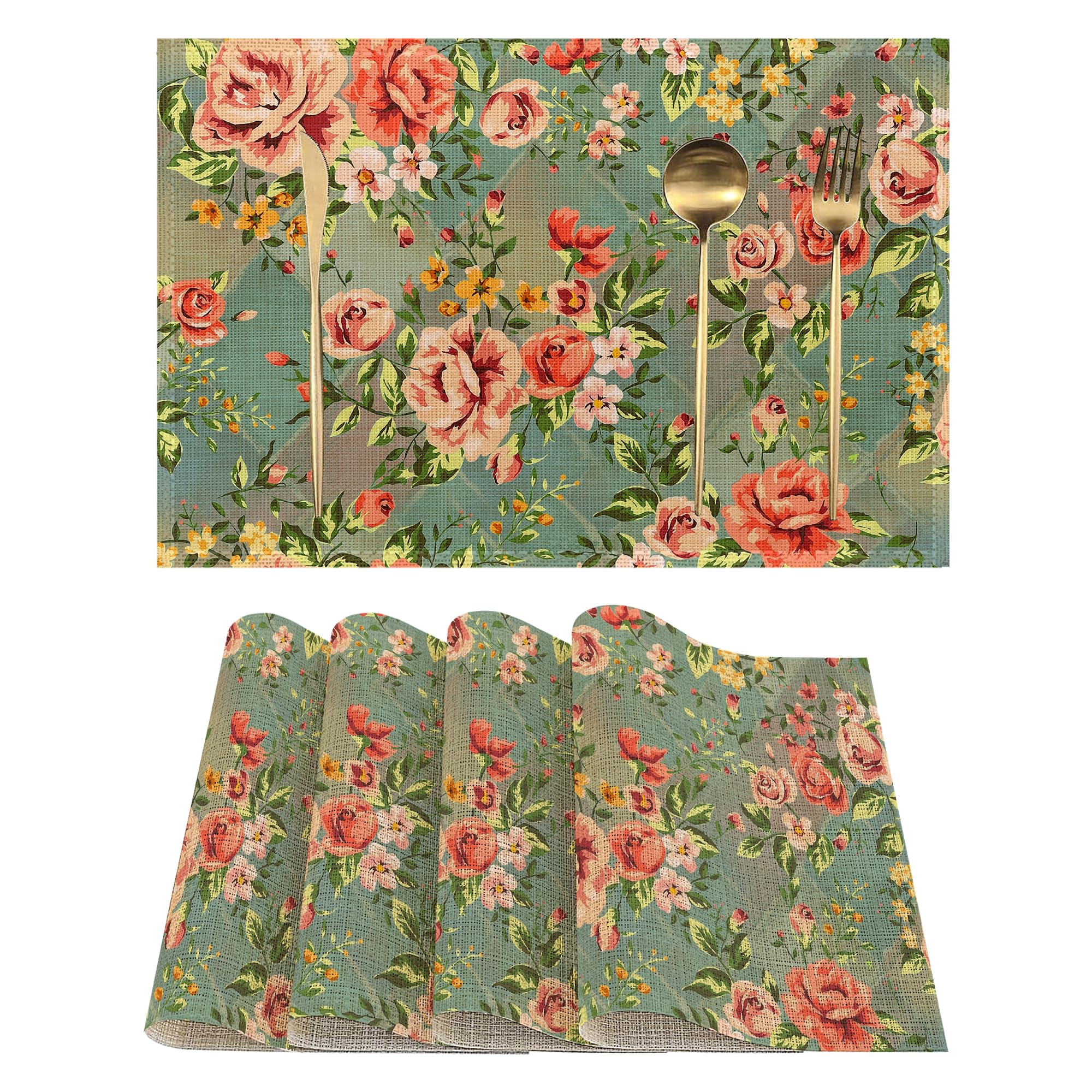 Placemats-Vintage Rose Floral Linen Table Place Mats Set of 4 Non-Slip Heat Resistant Table Mats for Dining Kitchen Cabin Decor 12x18 Inch