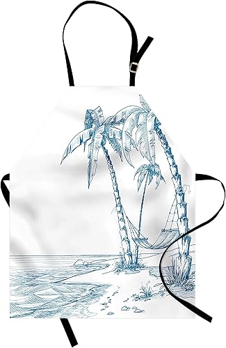 Ambesonne Delantal de playa, ilustración moderna de palmeras de arena tropical y hamaca hawaiana, babero de cocina unisex con cuello ajustable para