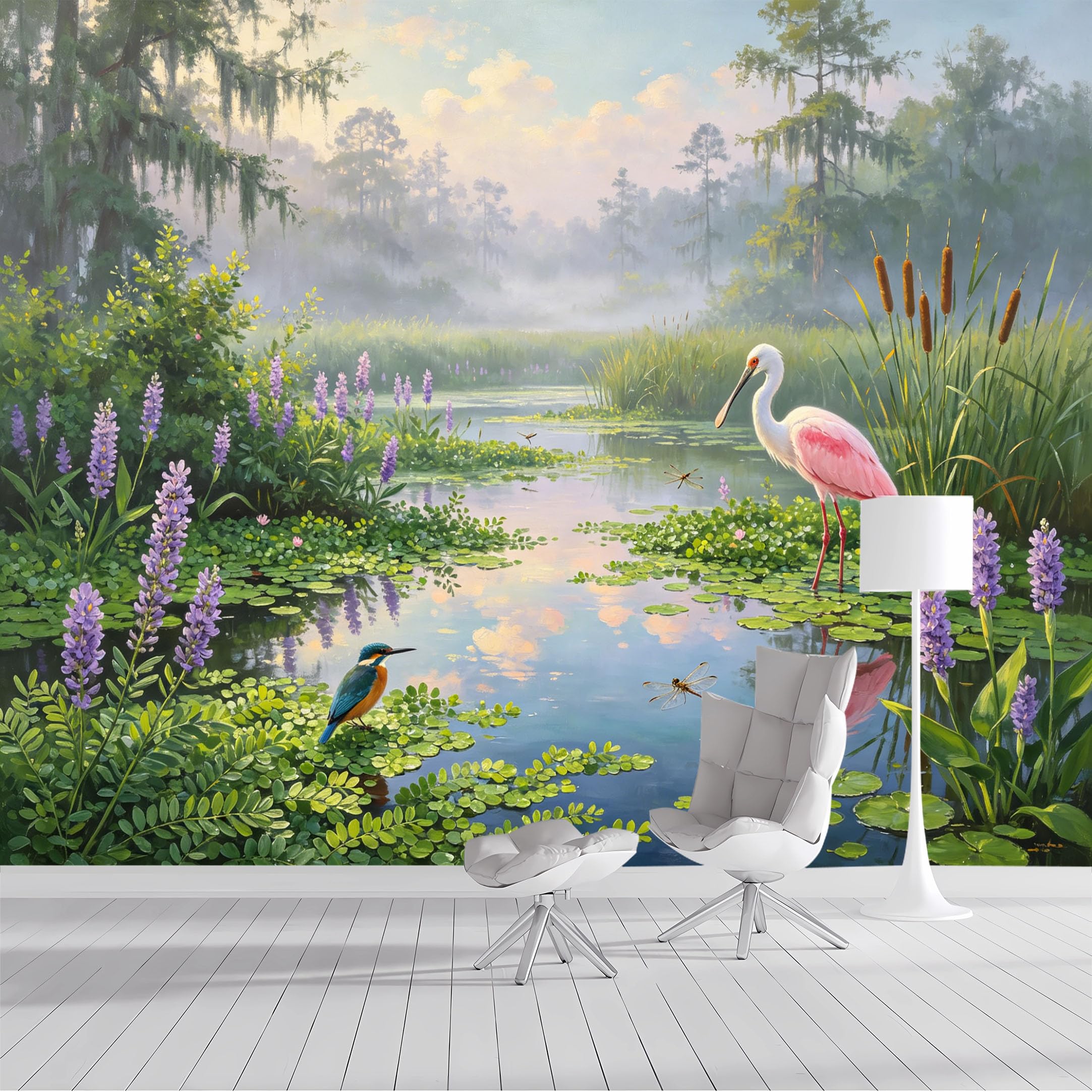 Custom Size Wall Mural Coastal Wetland Wildlife Pink Heron Kingfisher Dragonfly Watercolor Landscape SelfAdhesive Wall Fabric Removable Wallpaper for Living Room Bedroom Bathroom