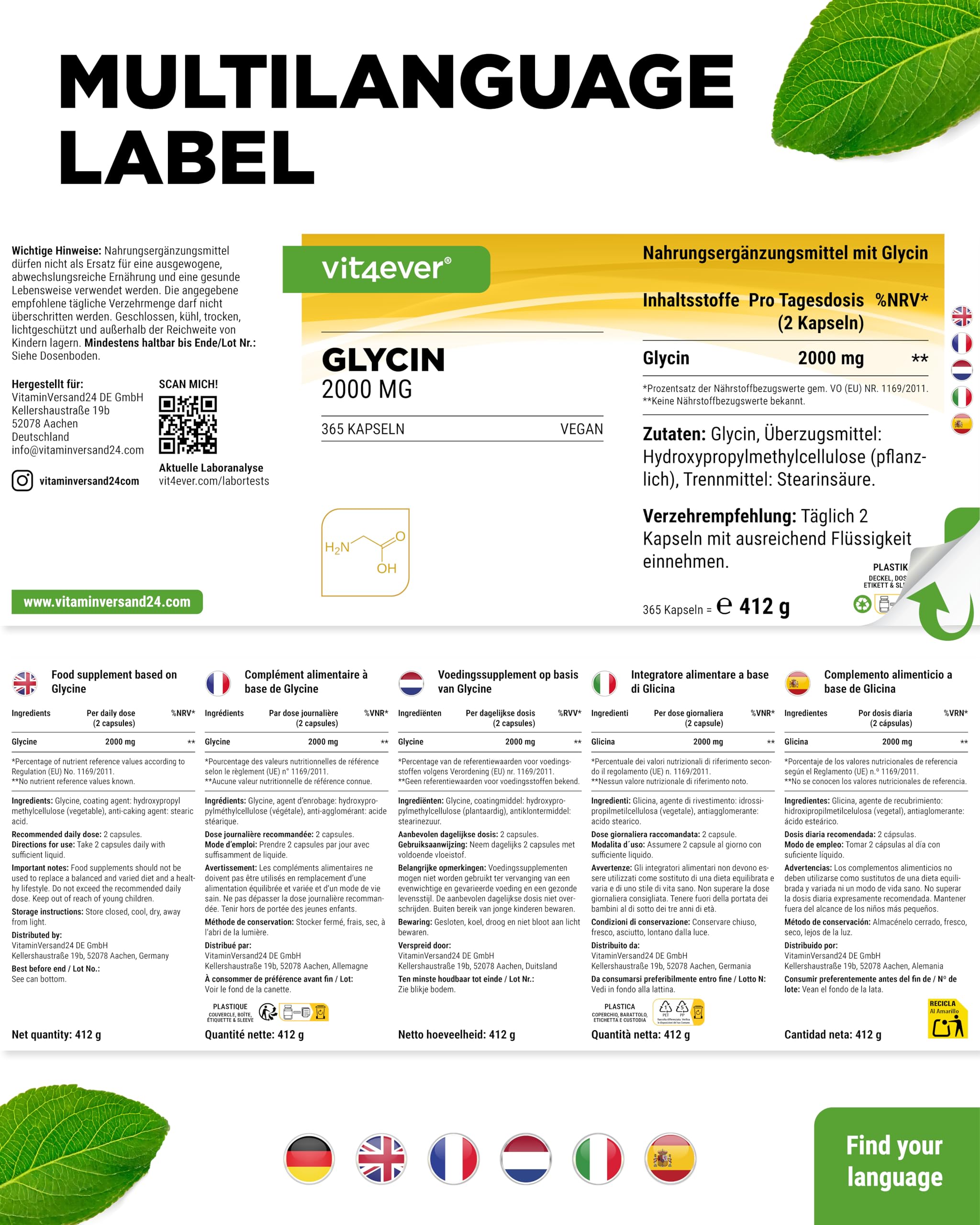 vit4ever Glycin - 365 Kapseln - Hochdosiert mit 2000 mg L-Glycin pro Tagesportion - Besonders hohe Reinheit - Ohne unnötige Zusatzstoffe - Vegan | 1000 mg pro Kapsel, bioaktive L-Form (L-Glycin), Besonders hohe Reinheit, ohne unnötige Zusatzstoffe, Vegan
