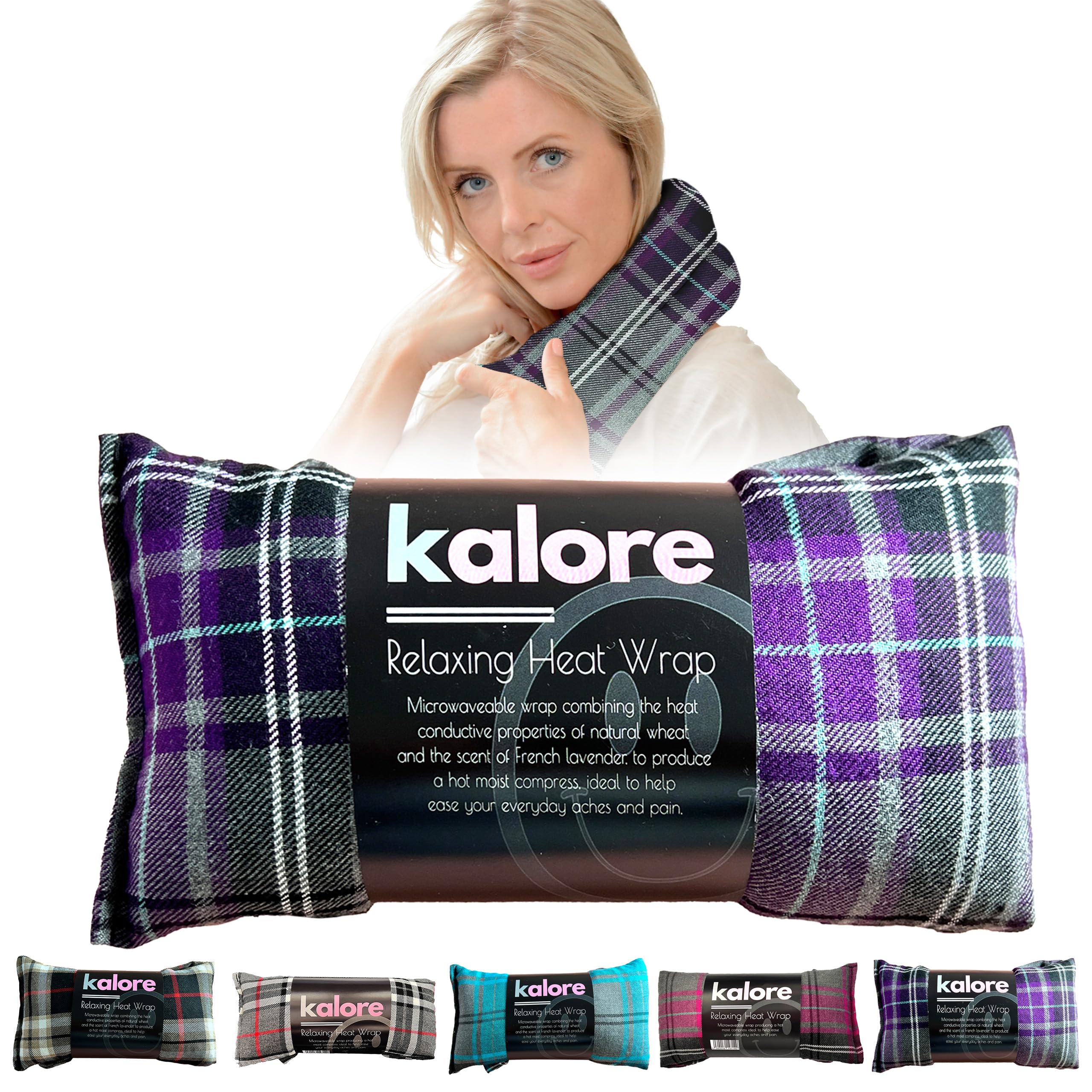 Saco Semillas Microondas para Hombros y Cuello - Cojin Cervical de Lavanda con Elástica - Bolsa Termica de Calor de Trigo del Reino Unido con Tela de Algodón a Cuadros por Kalore, Morado