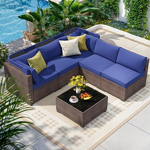 Patio Furniture Set, 6 Pieces All Weather Wicker Conversation Set with Canopy, Outdoor Sectional Sofa Set w/Adjustable Backrest, Chaise Chair Daybed w/Storage Table,Blue Cushions & Brown Rattan