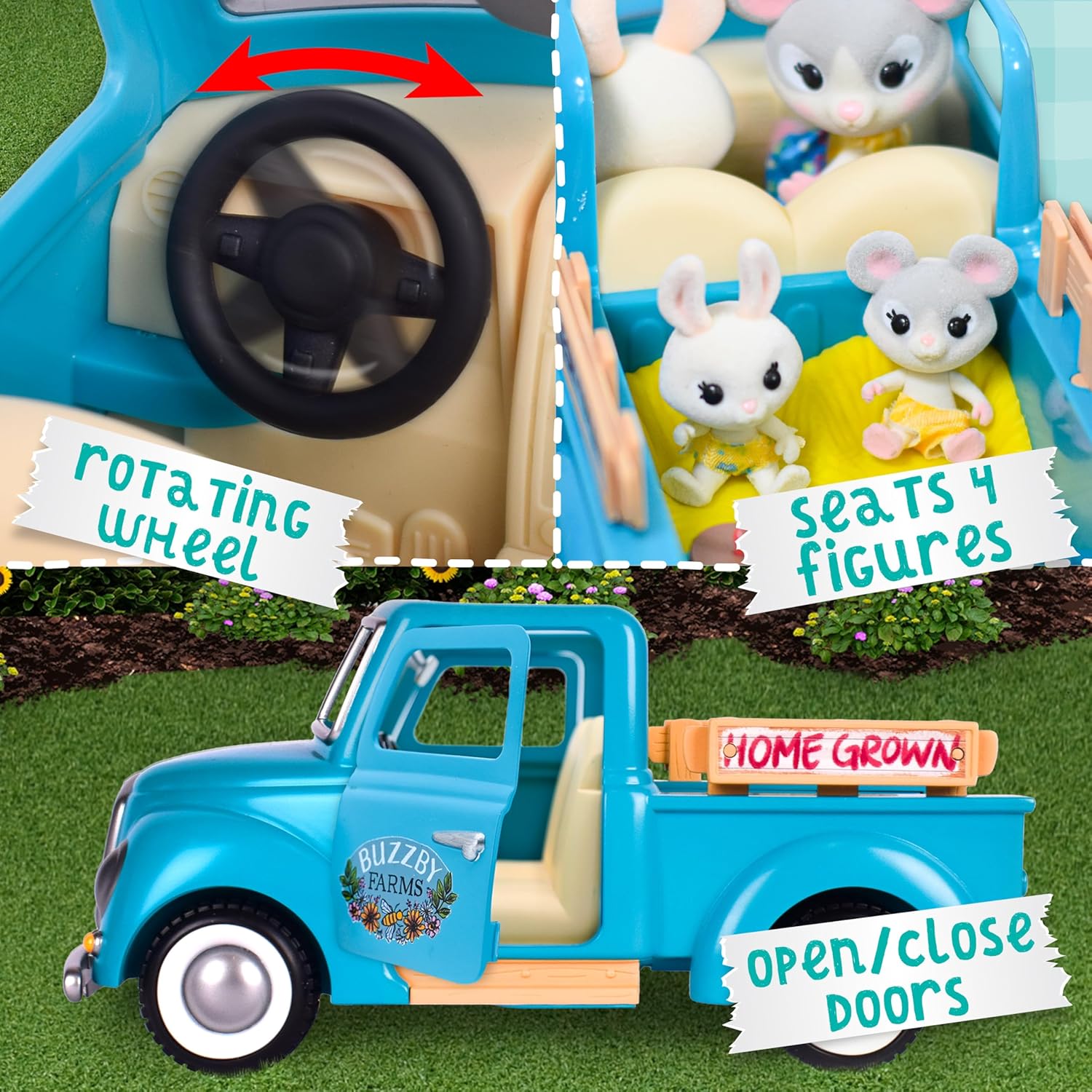 Honey Bee Acres Buzzby Farm Truck Vehicle with Miniature Doll Figure, 10 Pieces, Ages 3+
