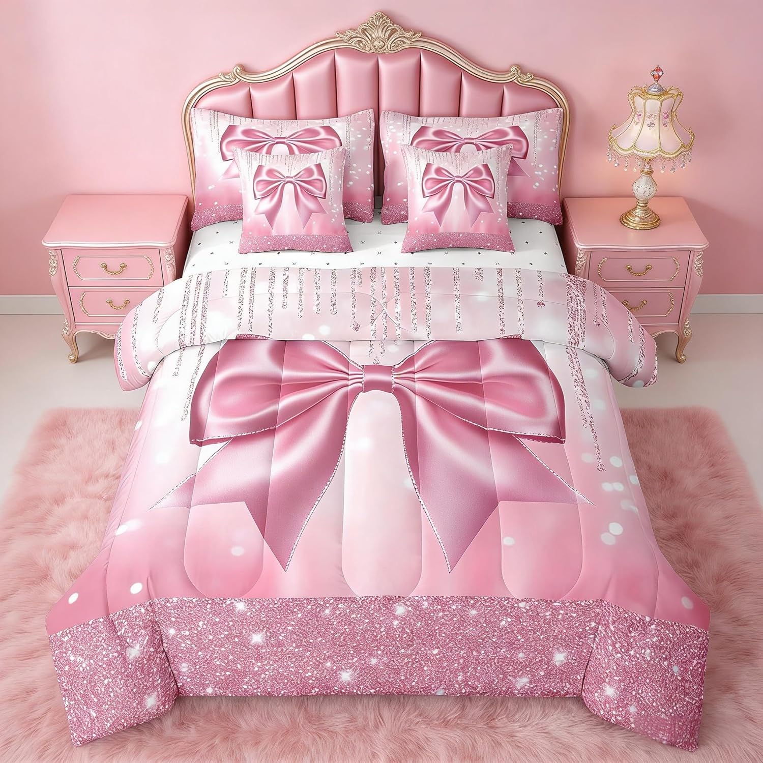 Feelyou Kids Pink Bowknot 7 Pieces Bedding Set Twin Size, Dreamy Princess Comforter Set with Sheets Boys Girls Glitter Bed in A Bag Watercolor Bow Teens Bed Set Bedroom Decor 7Pcs