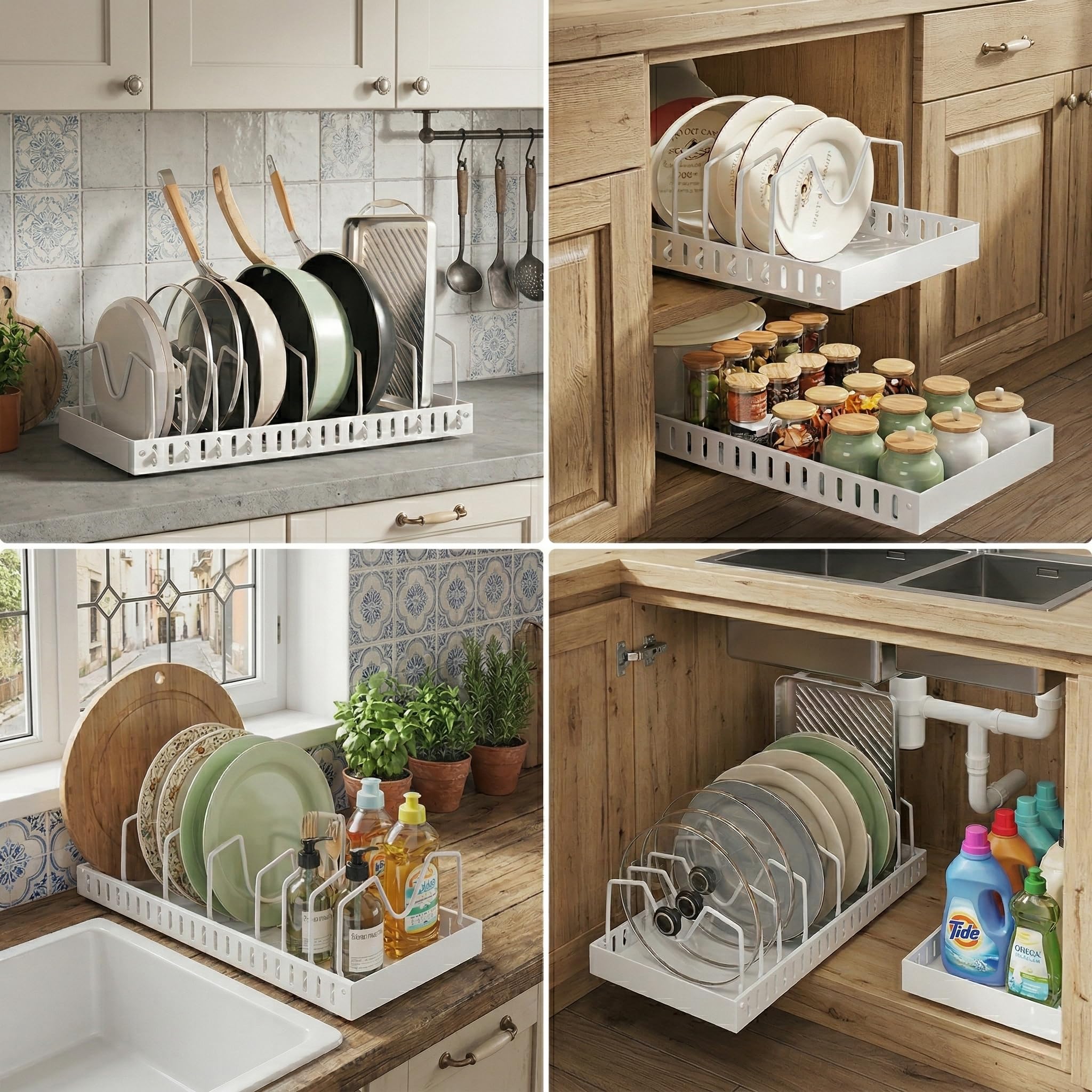 1 pezzi Porta Coperchi Pentole Scorrevole, porta coperchi pentole salvaspazio, Organizer Padelle con 8 Scomparti Regolabili per Padelle, Coperchi Organizer Cucina, Bianco