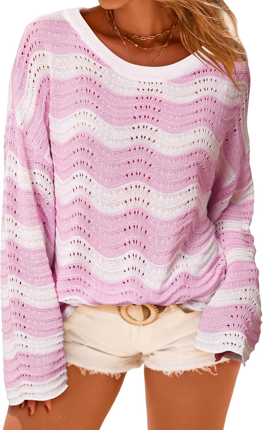 Arach&Cloz Women's Linen Blend Oversized Crochet Bell Sleeve Beach Vacation Striped Tops 2026