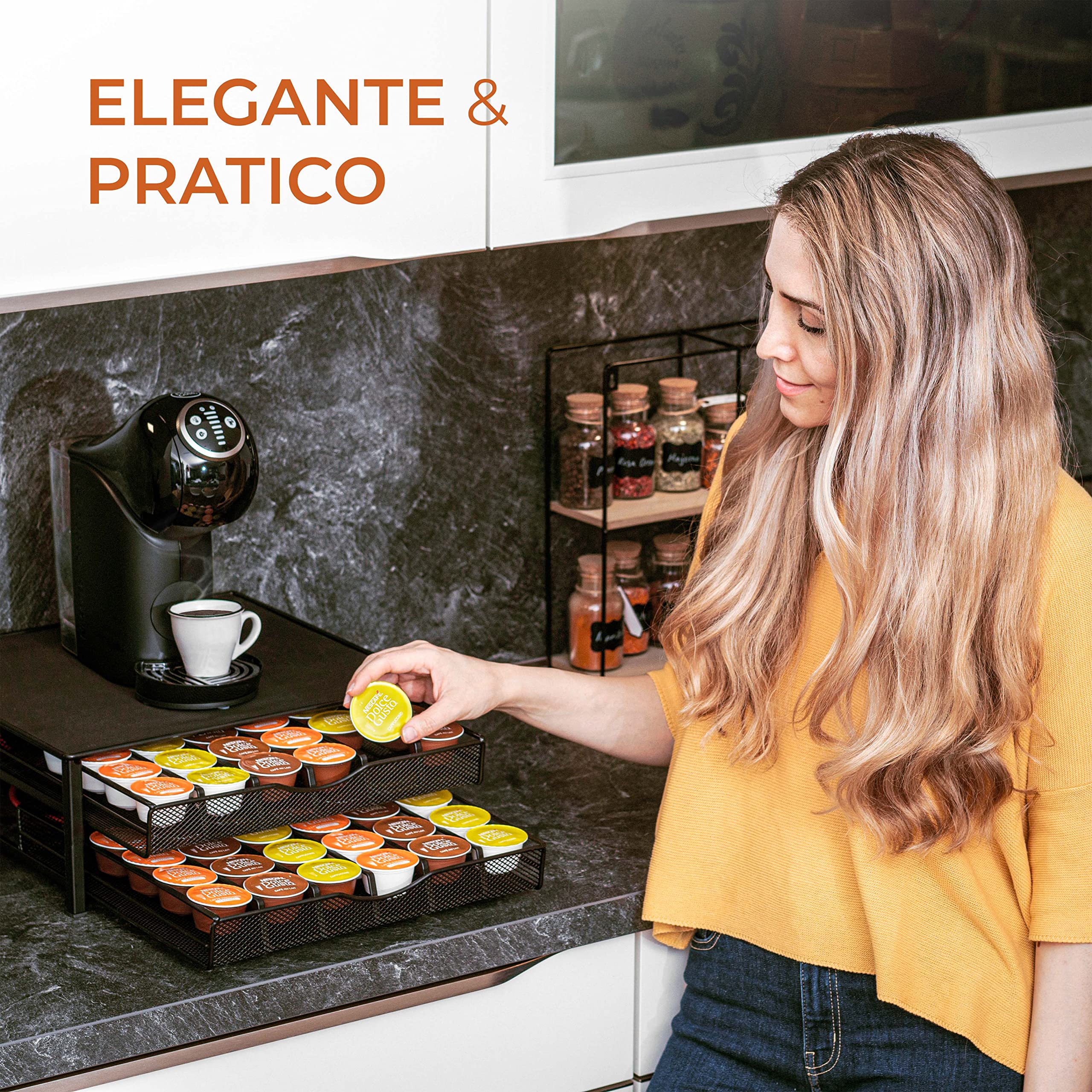Gadgy Porta Cialde Dolce Gusto | Cassetto per 72 Capsule di Caffè | Organizzatore Antiscivolo e Antiurto | Metallo Nero Resistente per Cucina