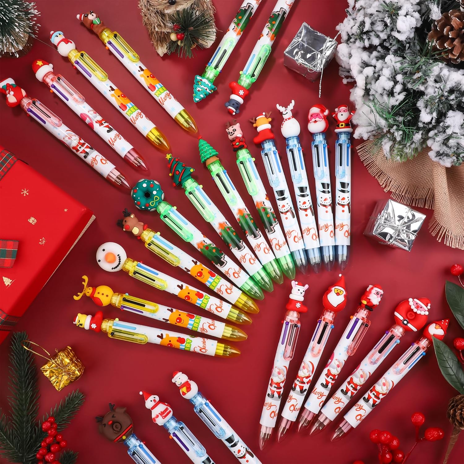 Aodaer 60 Pieces Christmas Ballpoint Pens 6-In-1 Multicolor Retractable Ballpoint Pens Christmas Tree Snowman Reindeer Santa Claus Christmas Party Gifts for Office