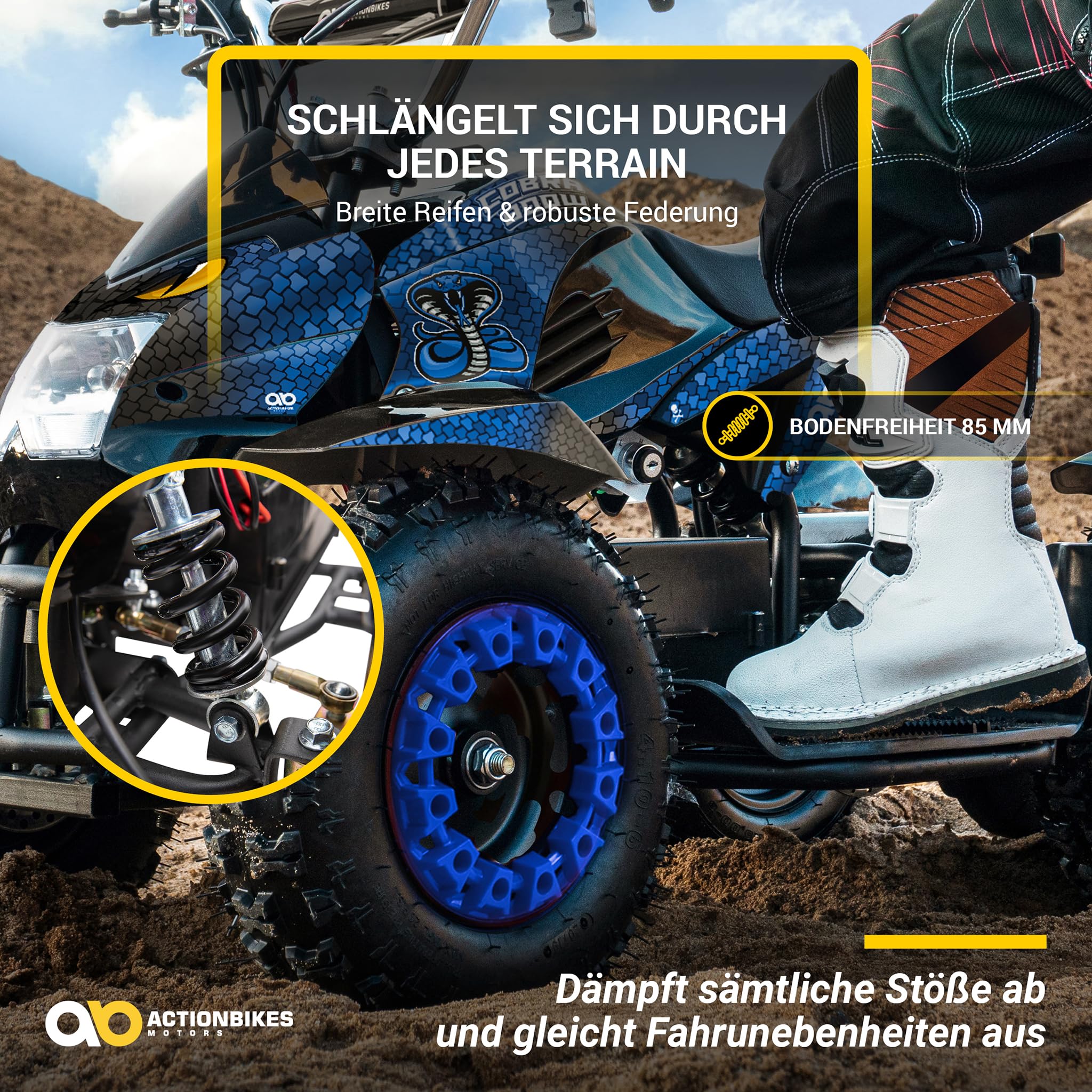 Actionbikes Motors Kinder Quad Elektro ATV Cobra | 𝟑𝟔 Volt 𝟖𝟎𝟎 Watt Motor bis 𝟐𝟒 km/h - Kinderquad - Pocket Quad - Safety Touch Fußschalter - Miniquad - Für Kinder ab 8 Jahren (Grün/Schwarz)