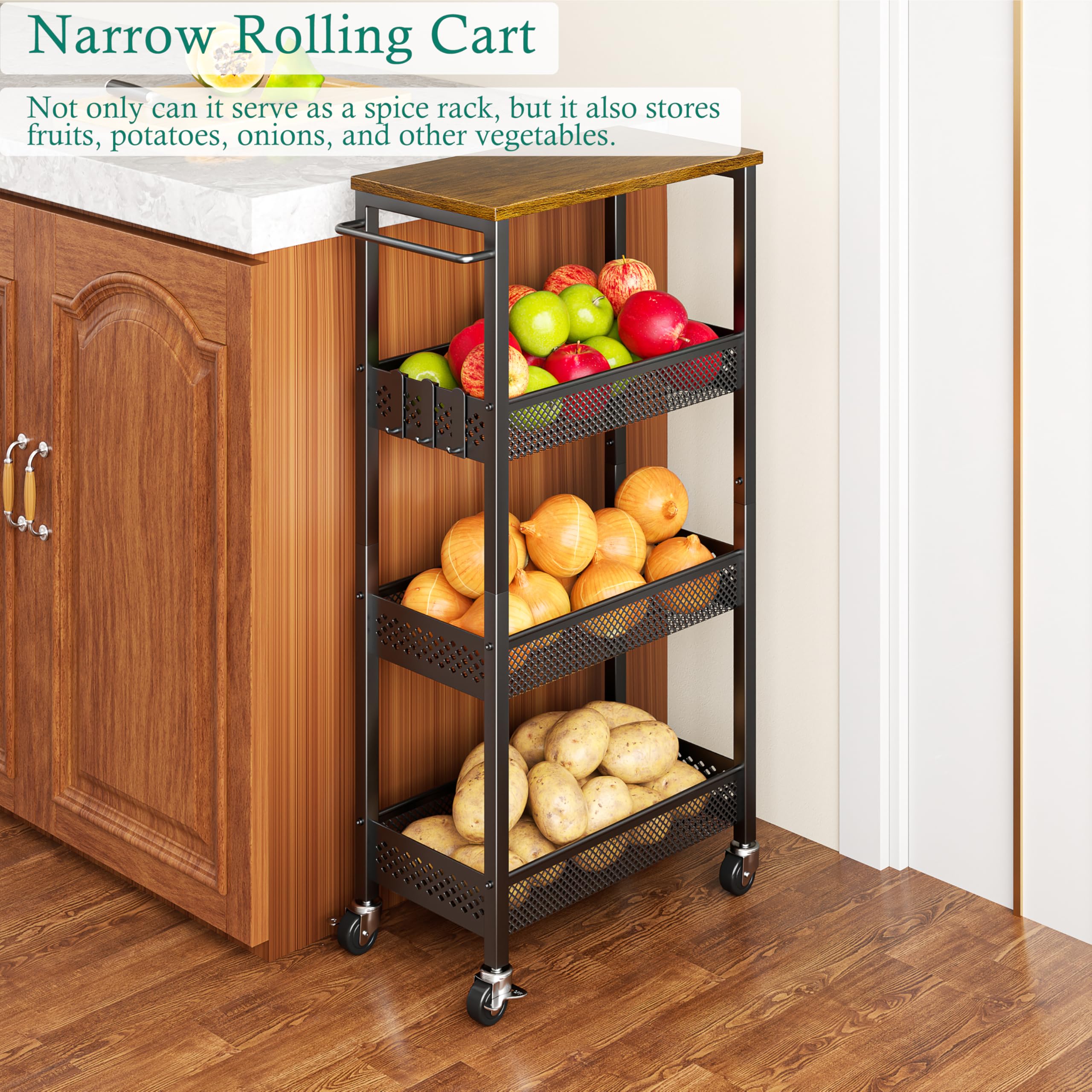 XYZLVSI Carrito de almacenamiento delgado de 4 niveles para frutas y verduras para cocina, espacio pequeño, carrito estrecho con ruedas con parte superior de madera y mango de metal para despensa,