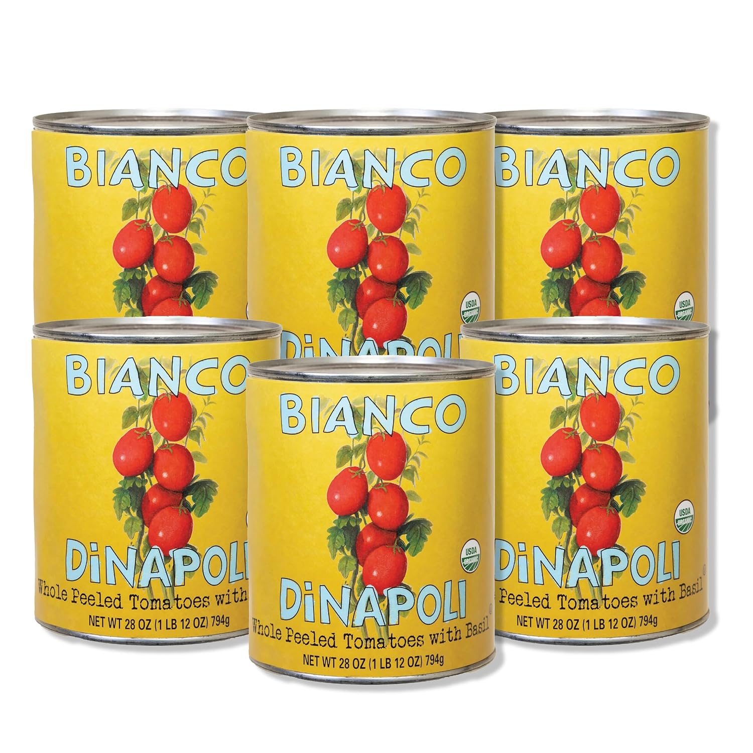 Bianco DiNapoli Organic Whole Peeled Tomatoes with Basil, 28oz 6-Pack - Vine-Ripened California Grown for Sauces, Soups & Italian Recipes