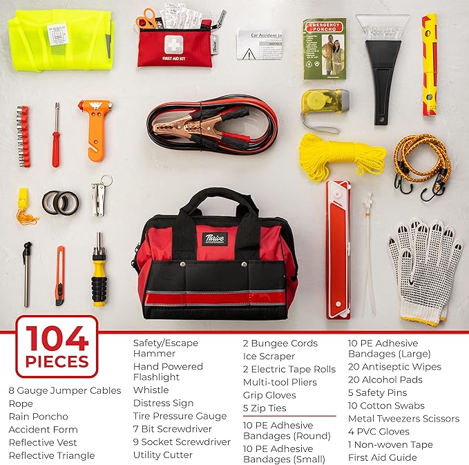 Thrive Emergency Car Kit ,Survival Gear & Vehicle Essentials with Jumper Cables & Mini First Aid Pack