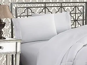 Elegant Comfort Luxurious 1500 Premium Hotel Quality Microfiber Three Line Embroidered Softest 4-Piece Bed Sheet Set, Wrinkle and Fade Resistant, Twin/Twin XL, White
