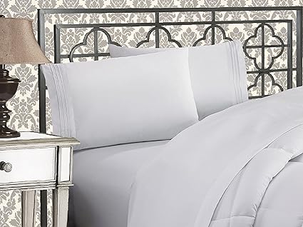 Elegant Comfort Luxurious 1500 Premium Hotel Quality Microfiber Three Line Embroidered Softest 4-Piece Bed Sheet Set, Wrinkle and Fade Resistant, Twin/Twin XL, White