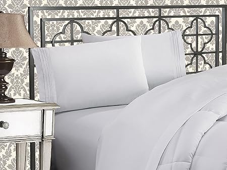 Elegant Comfort Luxurious 1500 Premium Hotel Quality Microfiber Three Line Embroidered Softest 4-Piece Bed Sheet Set, Wrinkle and Fade Resistant, Twin/Twin XL, White