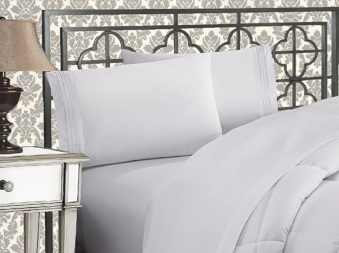 Elegant Comfort Luxurious 1500 Premium Hotel Quality Microfiber Three Line Embroidered Softest 4-Piece Bed Sheet Set, Wrinkle and Fade Resistant, Twin/Twin XL, White