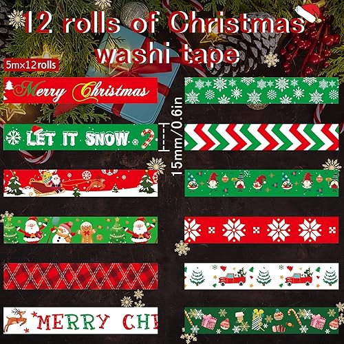 Miniatura 2 de SANNIX 12 Rollos de Cintas Adhesivas Washi de Navidad de 15mm de Ancho Árbol de Navidad, Copitos de Nieve, Papá Noel, Hombre de Jengibre, Cinta de