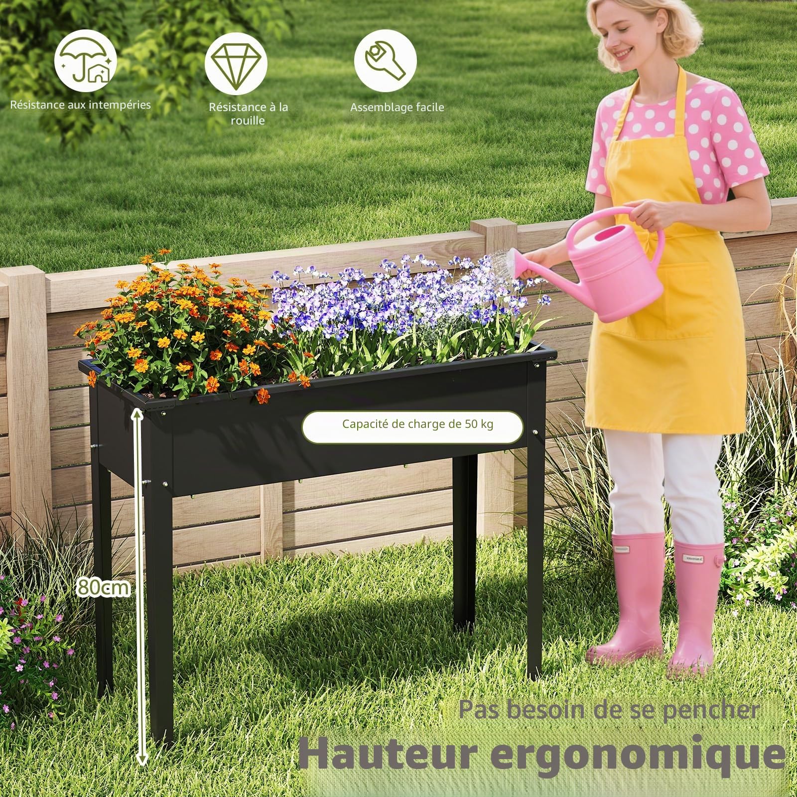 HOMASIS Jardinière sur Pieds en Métal, Jardinière Surélevé avec Trou de Drainage, Potager Surélevé Rectangulaire pour Balcon, Jardin et Terrasse (Noir, 100 x 40 x 80 cm)