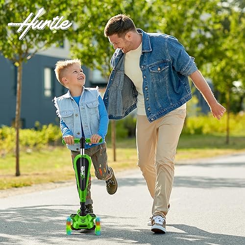 Vista 91 de Hurtle Patinete de 3 ruedas para niños, luces LED de ruedas, manubrio ajustable de inclinación para dirigir y asiento plegable, paseo sentado