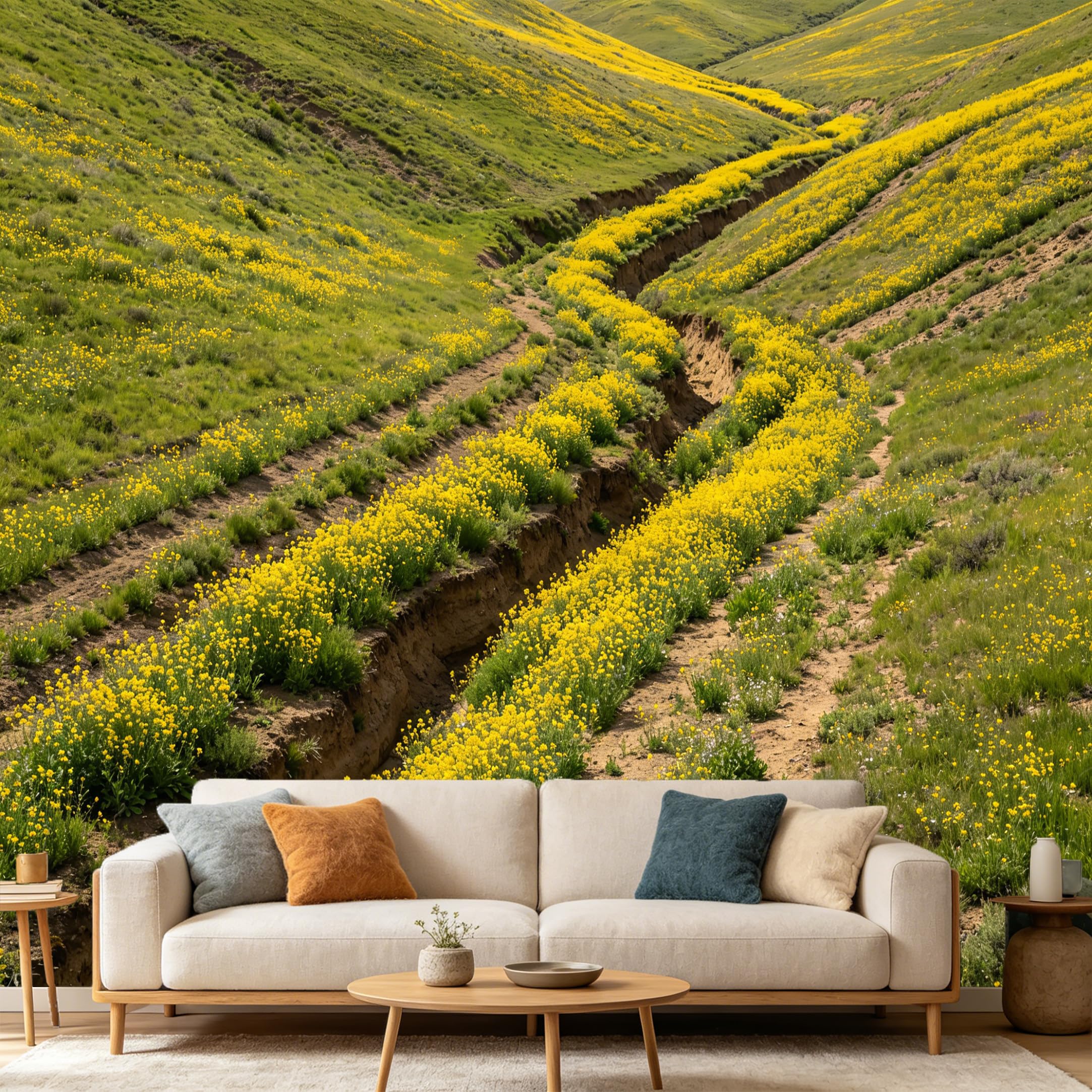 Custom Size Wall Mural Landscape Yellow Wildflower Valley Meadow Springtime Nature Scenic View SelfAdhesive Art Prints wall Fabric(No PVC) Removable Wallpaper Home Bedroom Decor