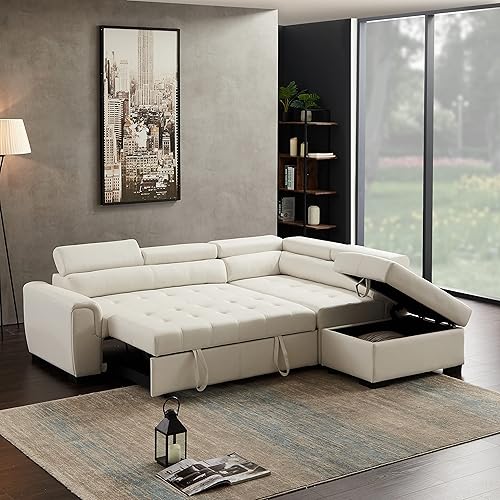 Sofás seccionales para sala de estar, sofá esquinero de cuero con otomana de almacenamiento, sofá modular convertible con cama extraíble (blanco)