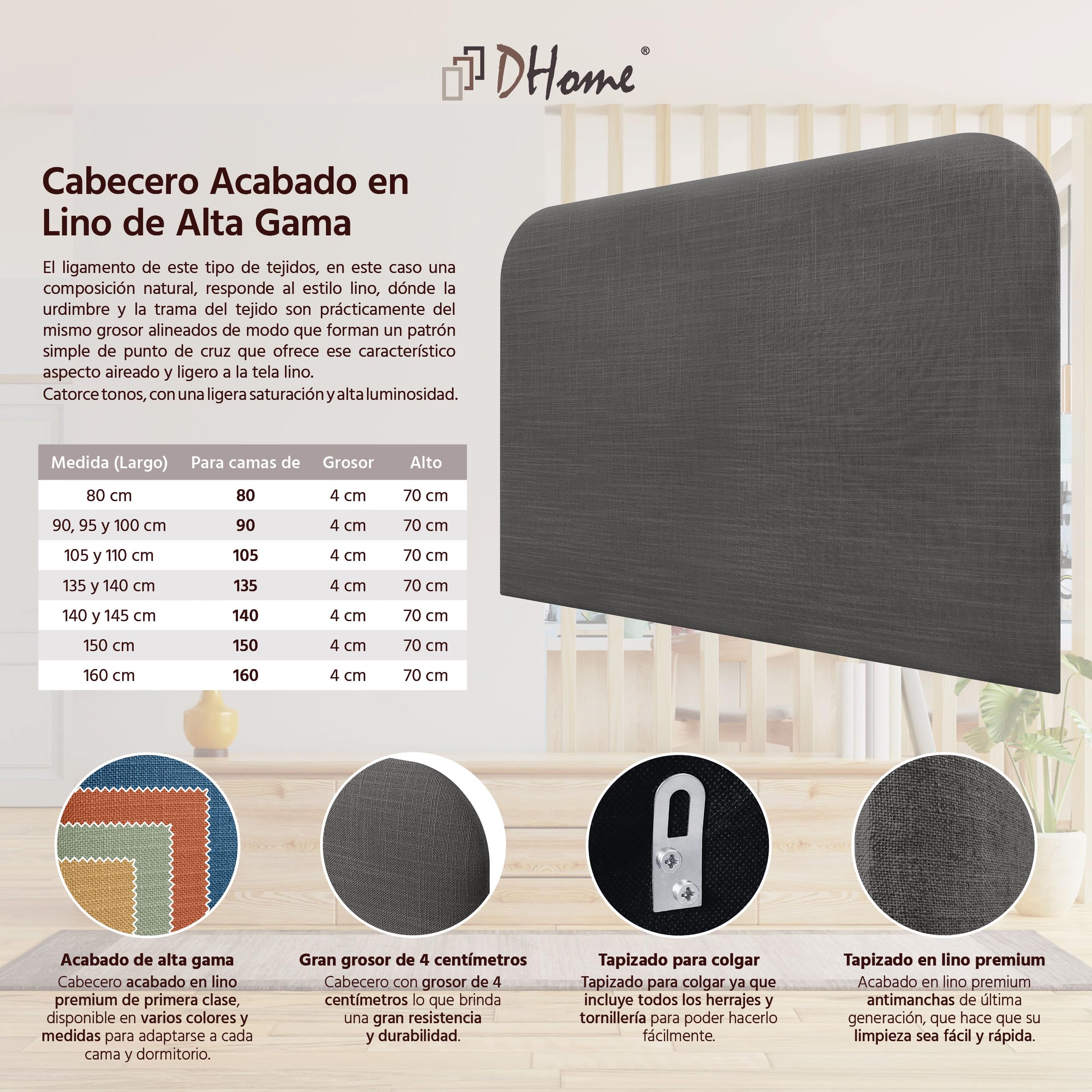 DHOME Testiera Letto Imbottita Liscia Curva in Lino 70 cm Altezza per Parete Acustica Testiere Fonoassorbenti Testiera Letto Camera da Letto (Grigio Scuro, 110cm)