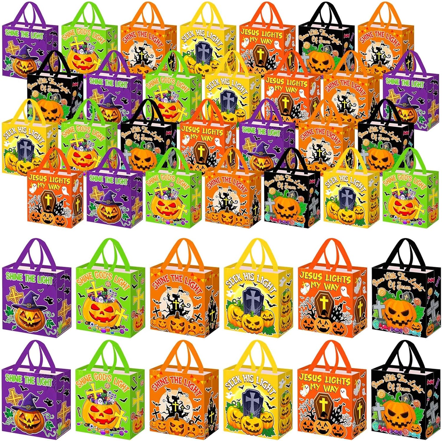 48 Pcs Christian Halloween Bags with Handles Non Woven Religious Pumpkin Halloween Tote Bags Bulk for Trick or Treat Jesus Church Party Favors Gift Supplies, 11.4 x 10.6 x 4.7 Inch - Image 8