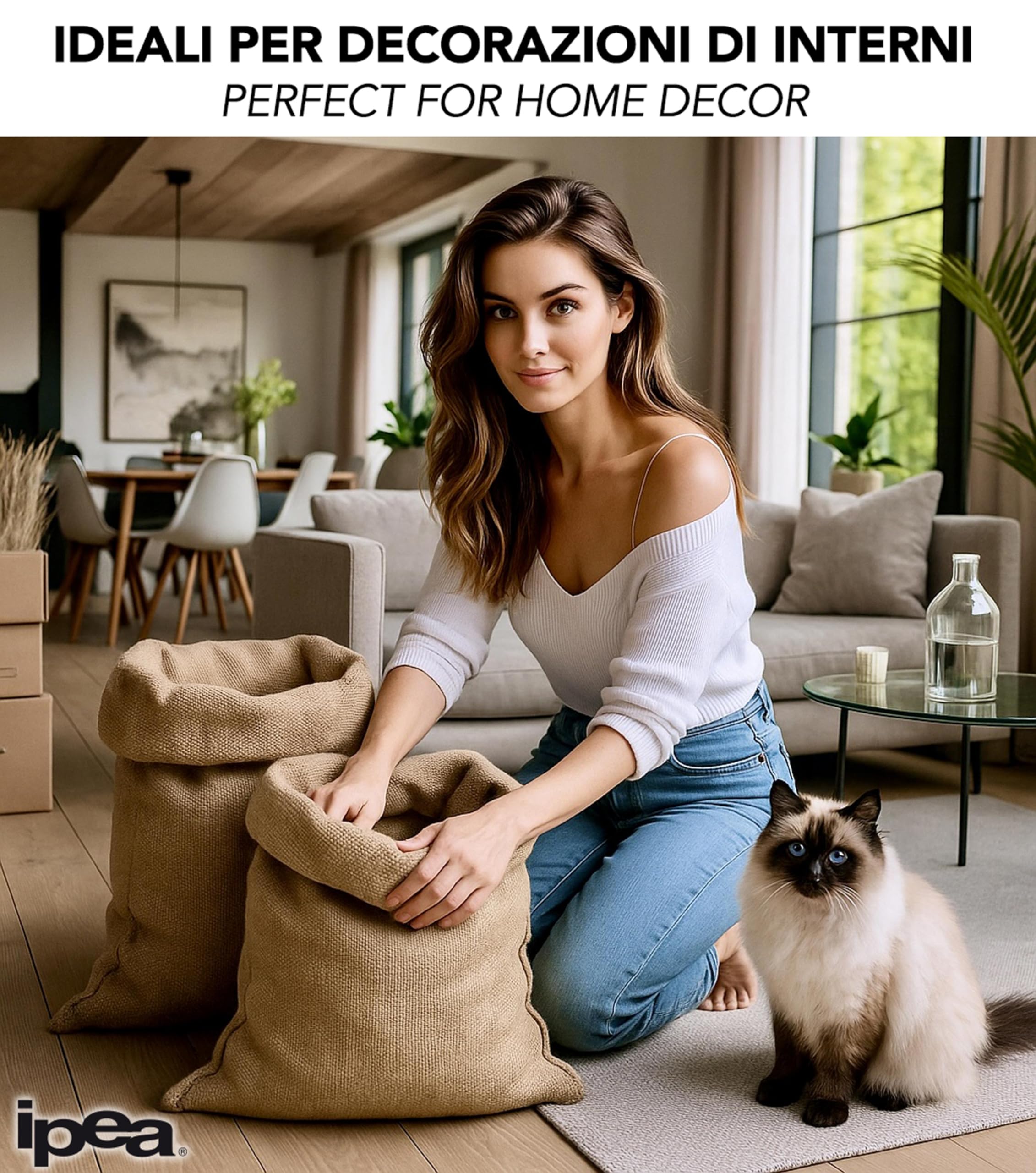 IPEA Sacchi in Juta di Grandi Dimensioni – 80 x 50 cm – Made in Italy – 5 unità – Sacco in Iuta Tessuto Naturale per Fai da Te, Arredamento, Giardinaggio, Contenitore di Oggetti - Sacco Regalo Natale