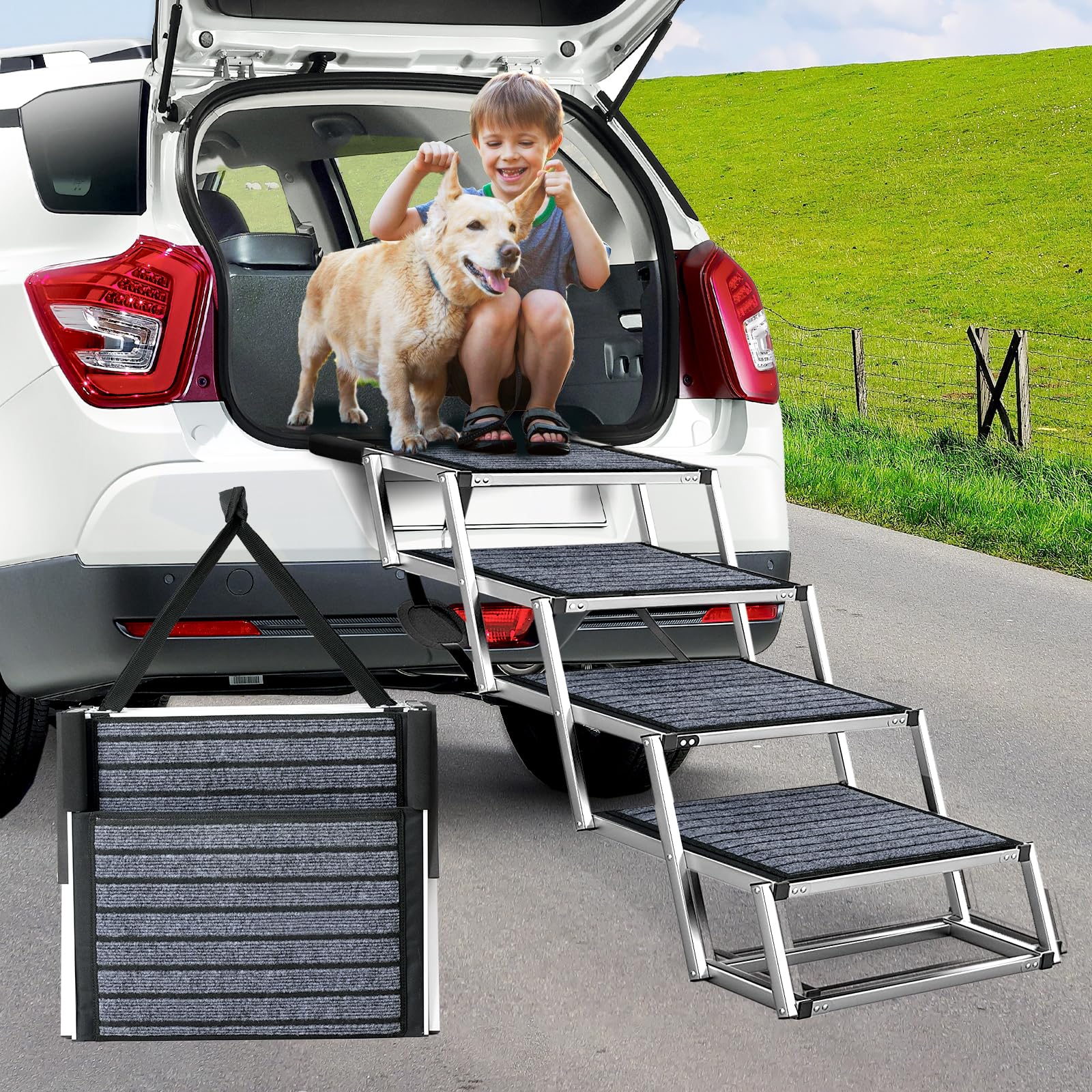 Extra Wide Dog Ramp For Car, Dog Ramps For Large Dogs With Non-Slip Surface, Folding Portable Dog Steps Lightweight Dog Stairs For Cars SUV, High Beds & Trucks, Supports Up To 250