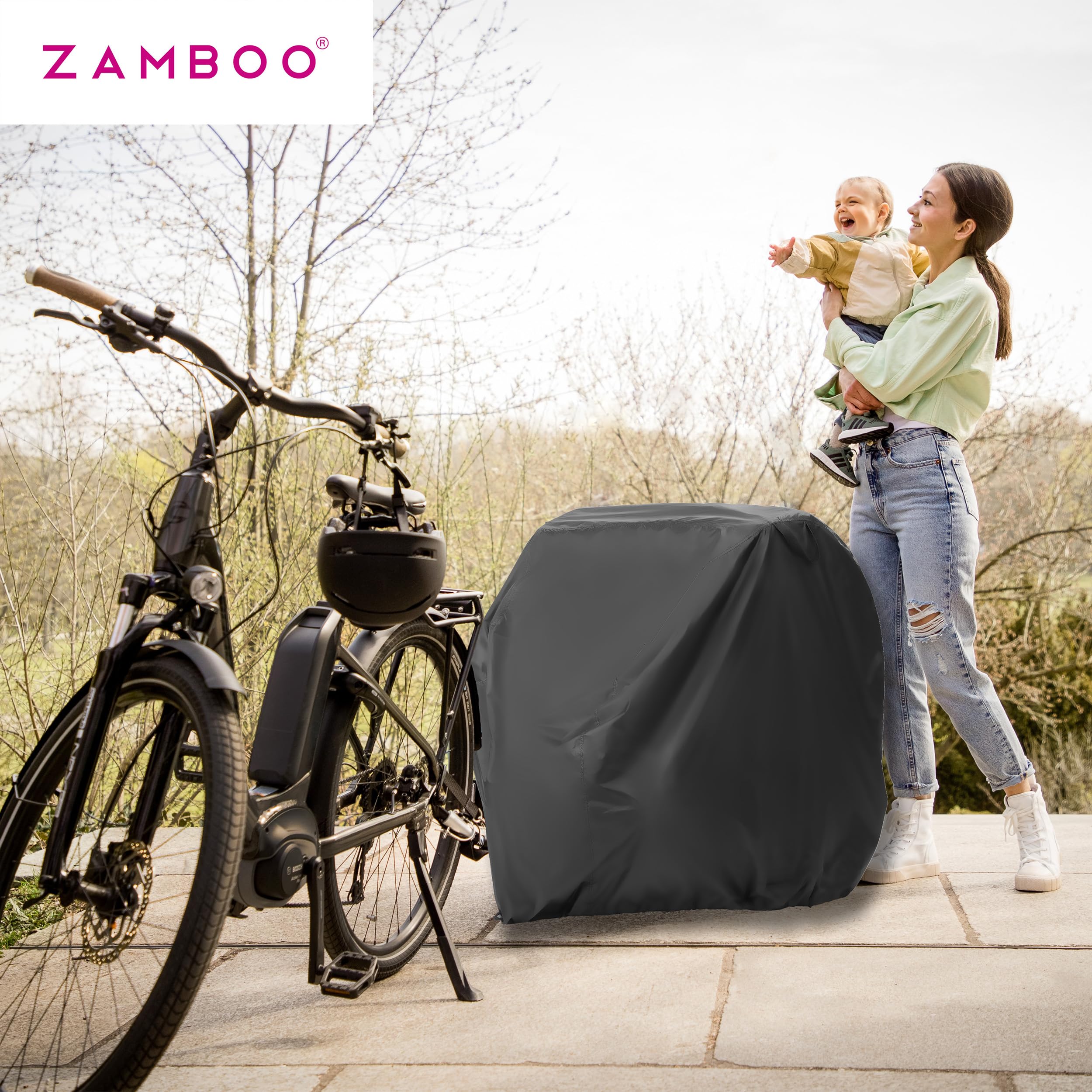 Zamboo Abdeckung für Fahrradanhänger | Universal Faltgarage für Anhänger (kompatibel mit Thule, Croozer, Qeridoo, Tiggo UVM.) | wasserdichte Plane mit Tasche und Öffnung für Fahrrad-Schloss - Schwarz