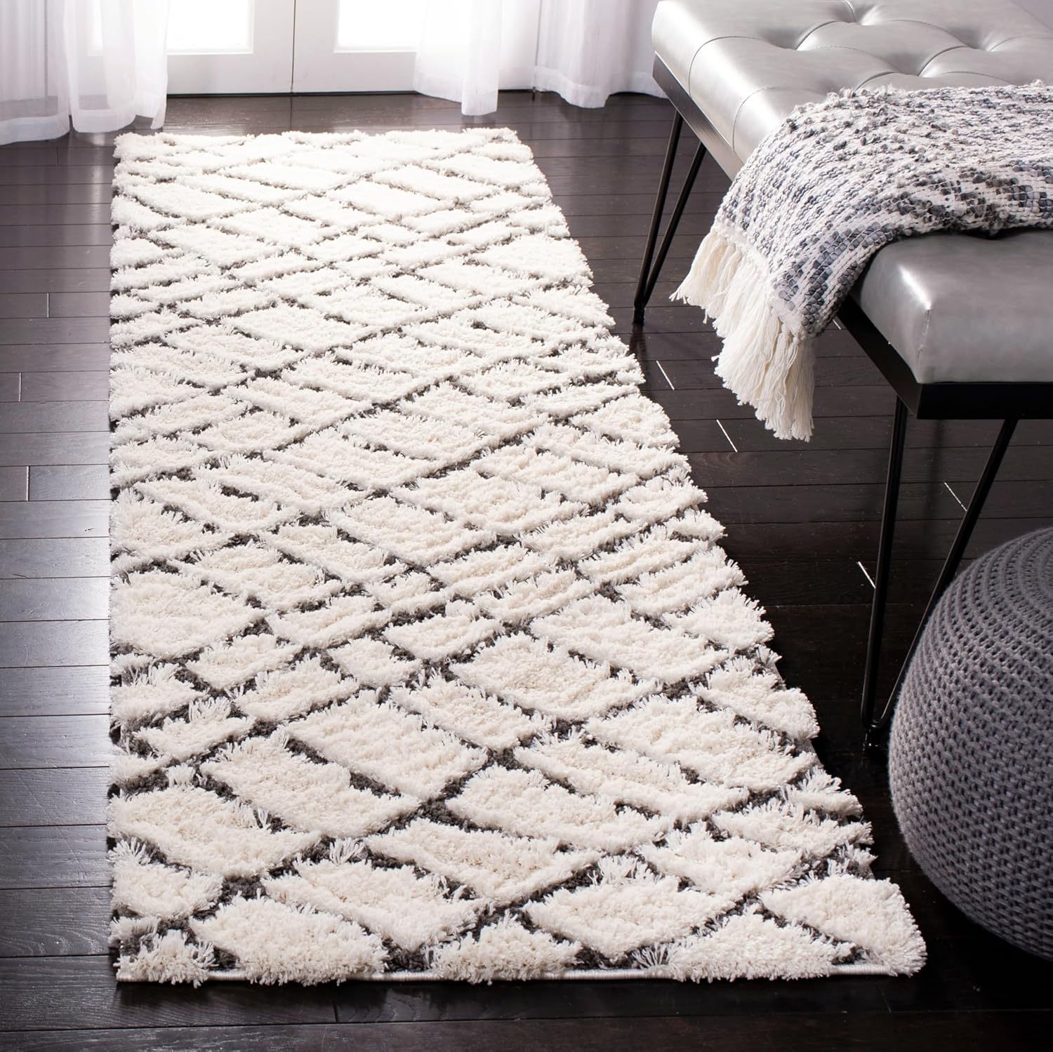 SAFAVIEH Sparta Shag Collection 2'3" x 8' Ivory/Grey SPG512C Moroccan Boho Tribal Non-Shedding Living Room Bedroom Dining Room Entryway 1.2-inch Thick Runner Rug