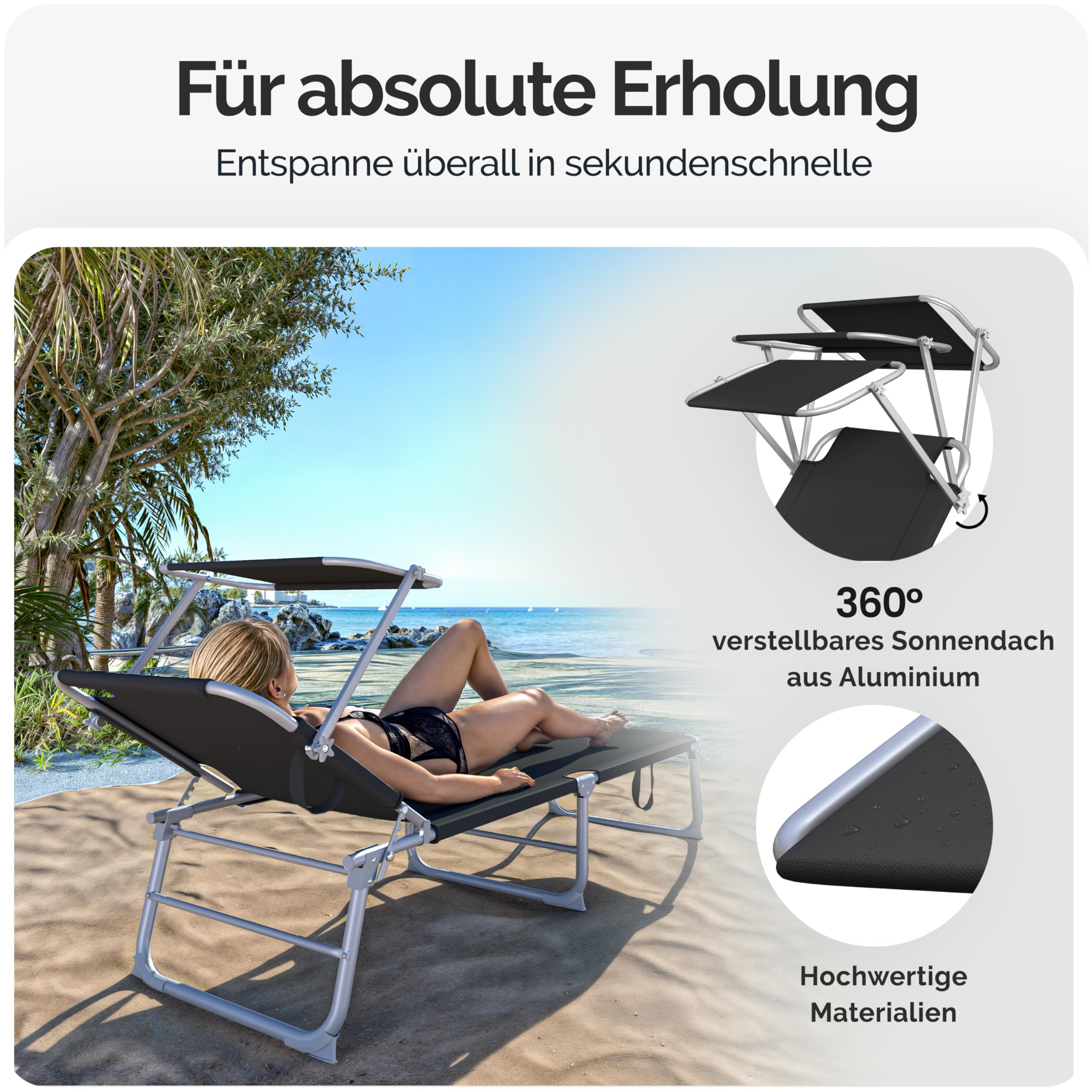 Casaria Sonnenliege klappbar mit Sonnendach wetterfest Grau | Aluminium, 190x60 cm, 130 kg Belastbar, tragbar, Garten, Pool, belastbar, Liegestuhl, Klappliege