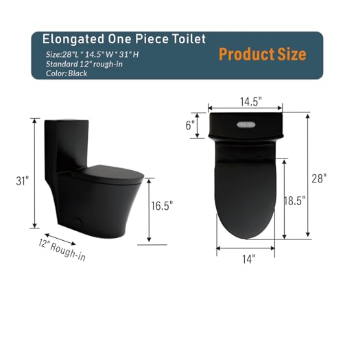 Inodoro alargado de una pieza negro mate con descarga dual ahorro de agua 1.1/1.6 GPF miniatura 7