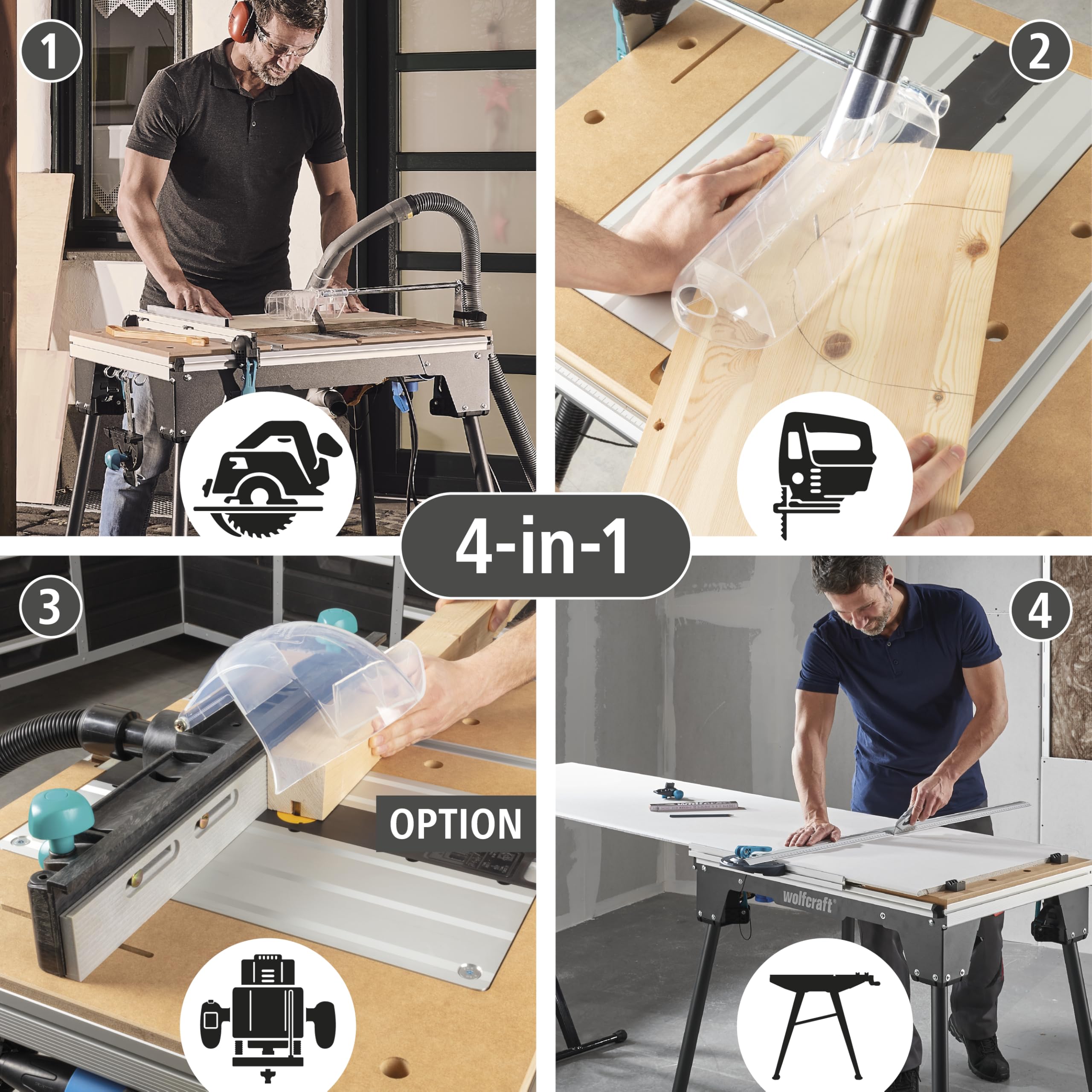 wolfcraft MASTER cut 2200 I 6907000 I tavolo 4 in 1 per l'uso come sega circolare da tavolo, tavolo per seghetto alternativo, stazione di lavoro e come tavolo per fresatura