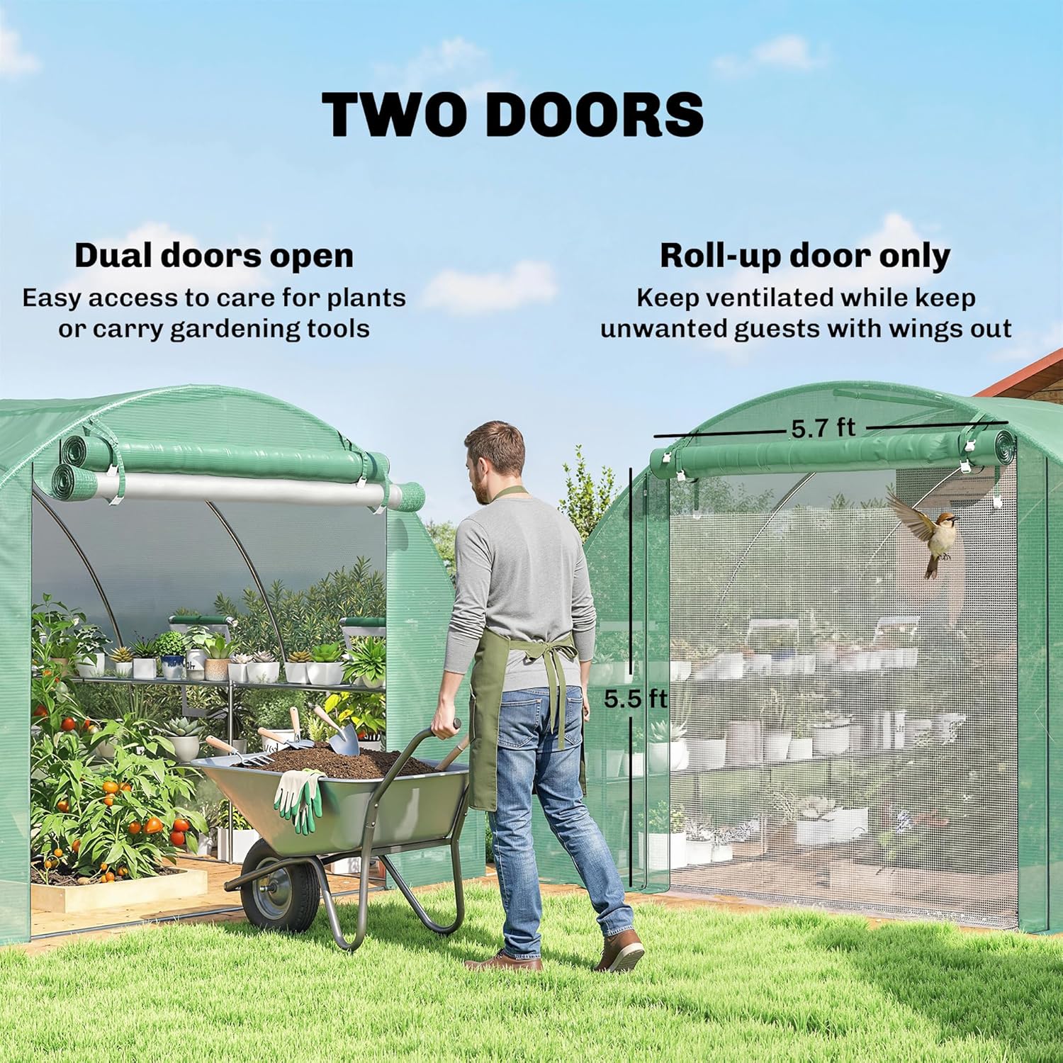 Outsunny 10'x11'x6' Walk-in Tunnel Greenhouse with Shelves, Mesh Door and Windows, Hoop House Greenhouse with PE Cover, Outdoor Green House for Patio Lawn Garden, Green