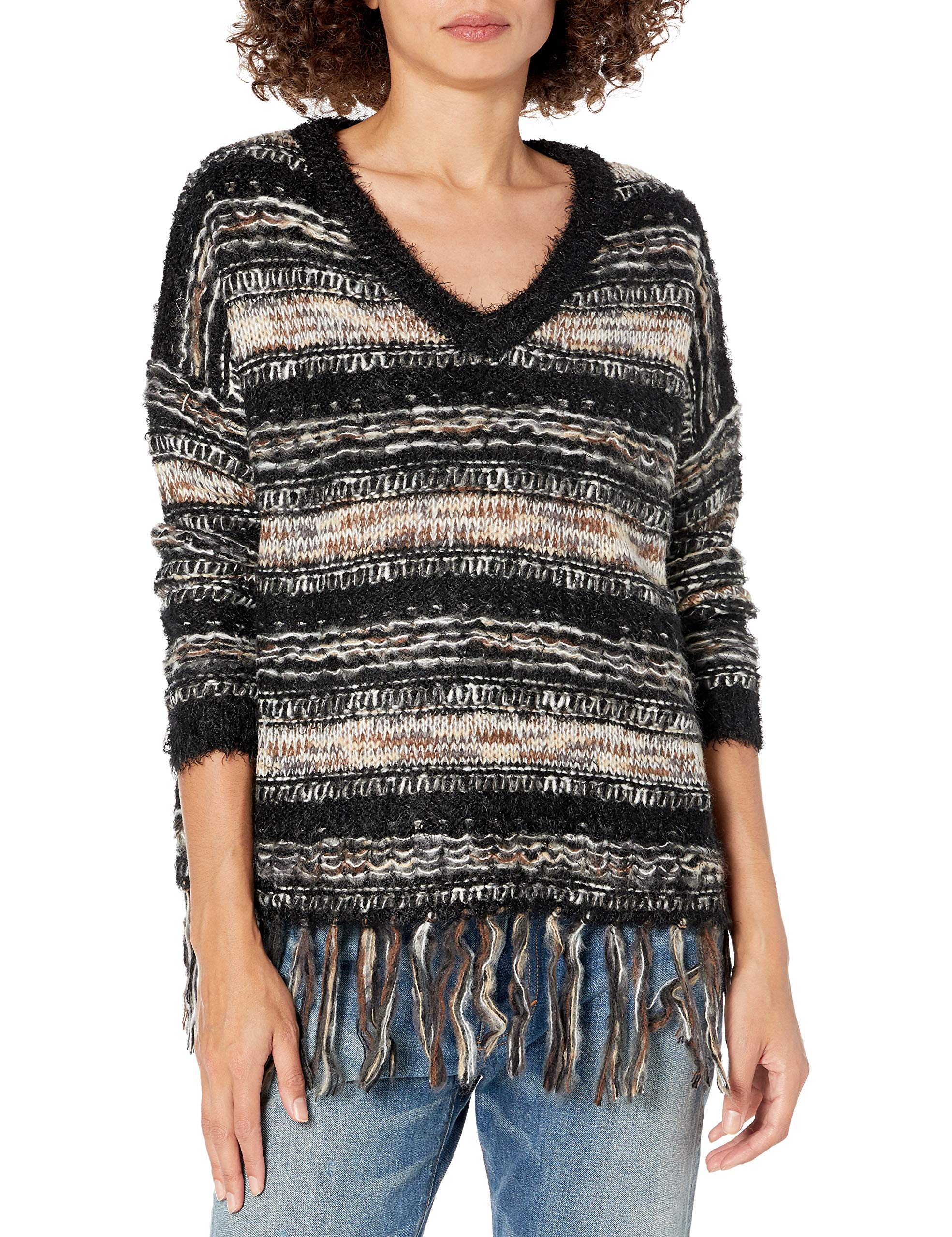 Blu PepperWomen's Fringe-Hem Stripe Sweater, Multi/Black, Medium