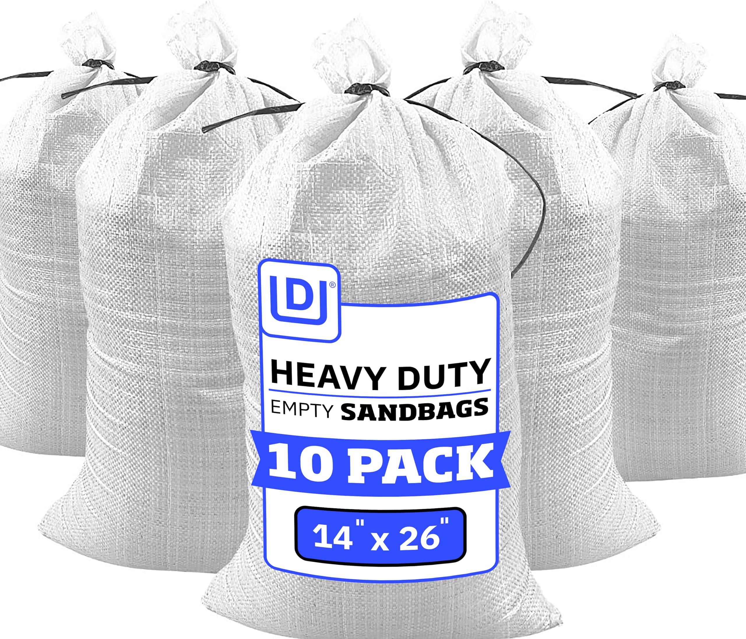 DURASACK Heavy Duty Sand Bags with Tie Strings Empty Woven Polypropylene Sand-Bags for Flood Control with 1600 Hours of UV Protection, 50 lbs Capacity, 14x26 inches, White, Pack of 10