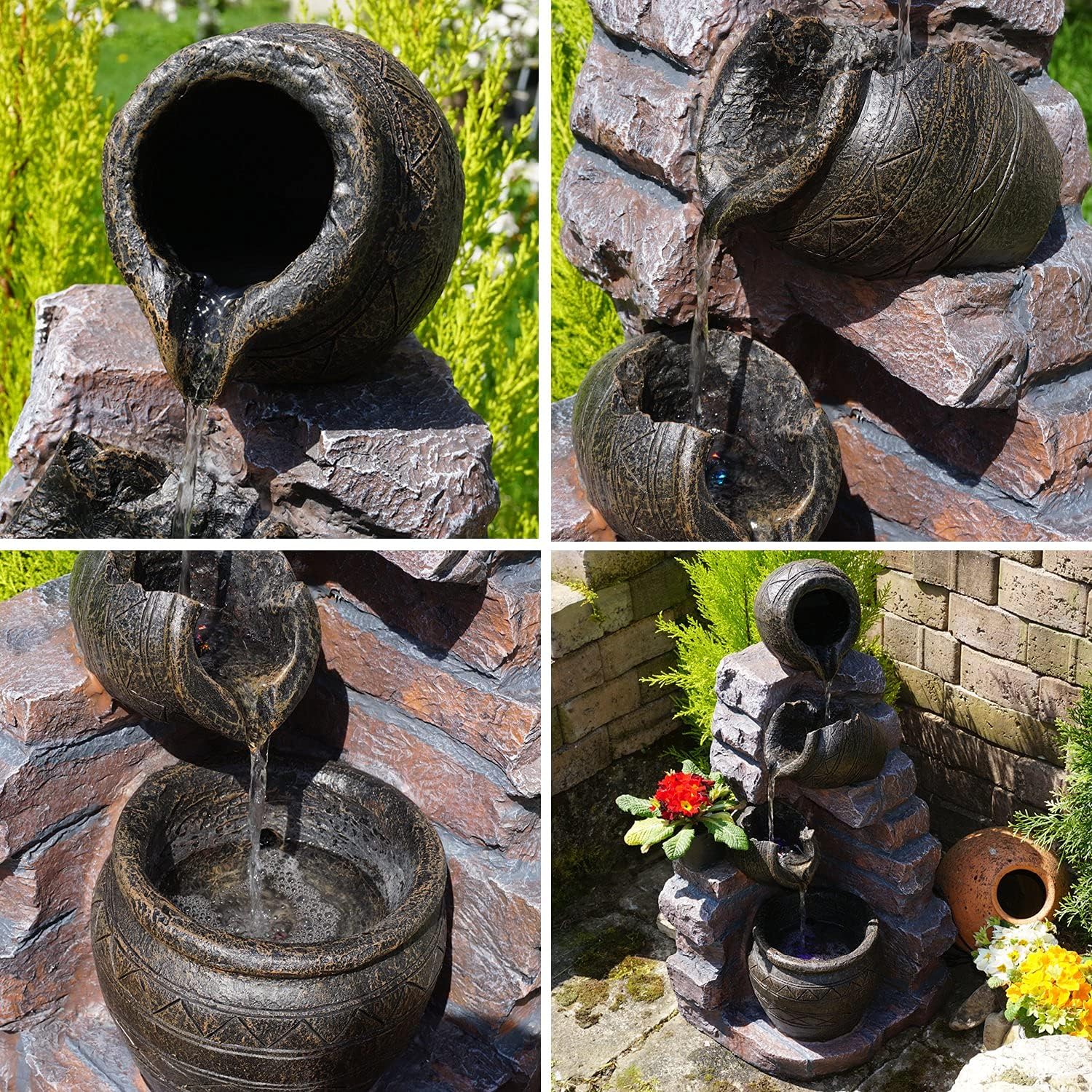 Fontana da giardino, fontana decorativa con illuminazione a cascata, gioco d'acqua per giardino, laghetto, terrazza, laghetto, balcone, molto decorativa – funzionamento a energia solare ibrida