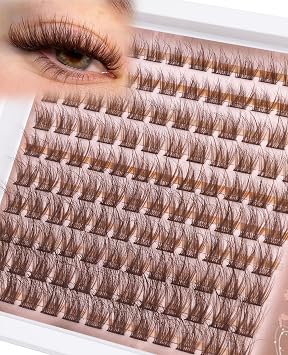 Cluster Lashes Brown Eyelash Clusters Natural Individual Lashes Extensions Fluffy Lash Clusters Wispy Cluster Eyelash Extensions DIY Lash at Home Easy to Apply Dark Brown Lashes (10-16MM, CC-Curly)