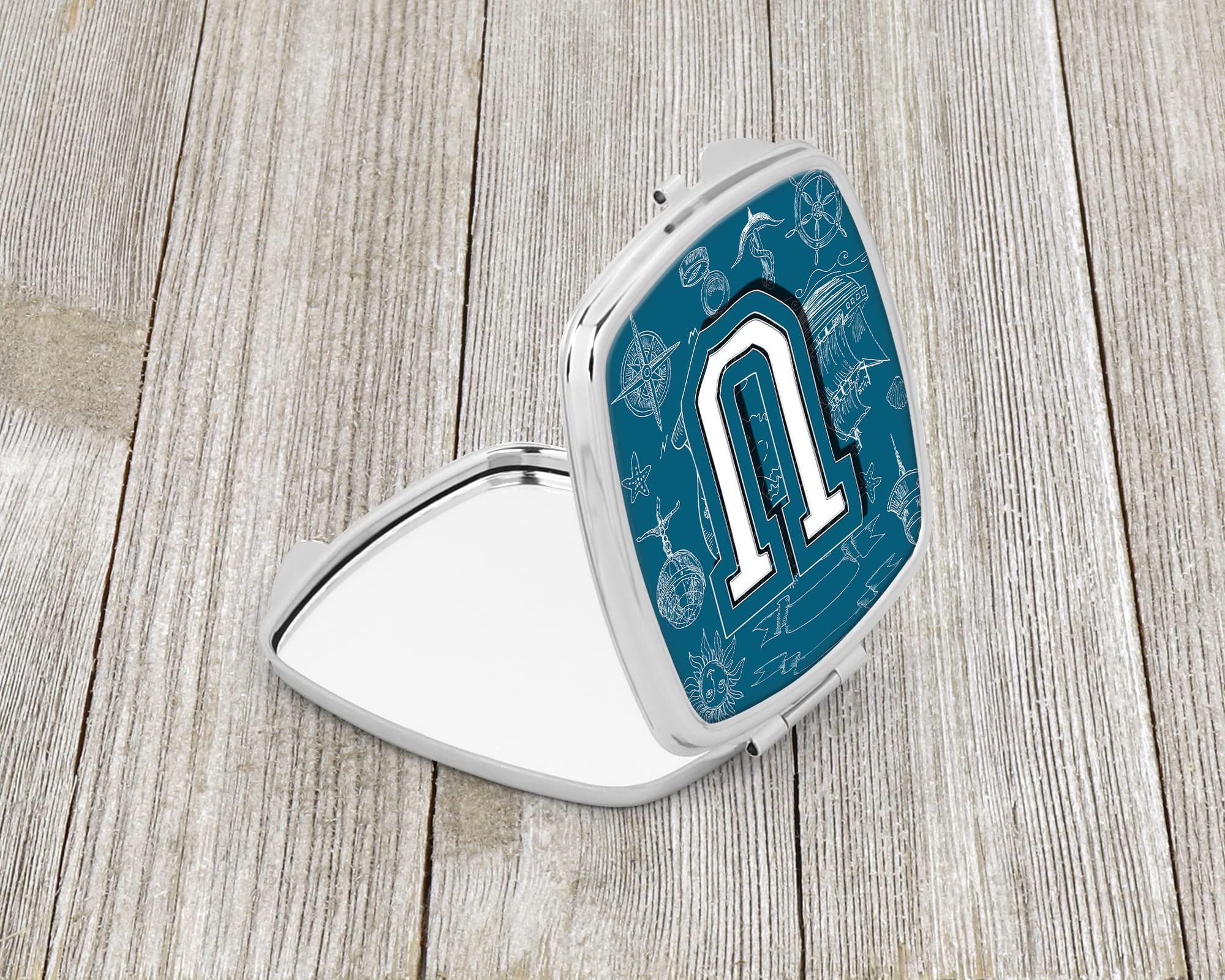 Caroline's Treasures CJ2014-USCM Letter U Sea Doodles Initial Alphabet Compact Mirror Decorative Travel Makeup Mirror for Women Girls Gifts Pocket Makeup Mirror Folding Handheld