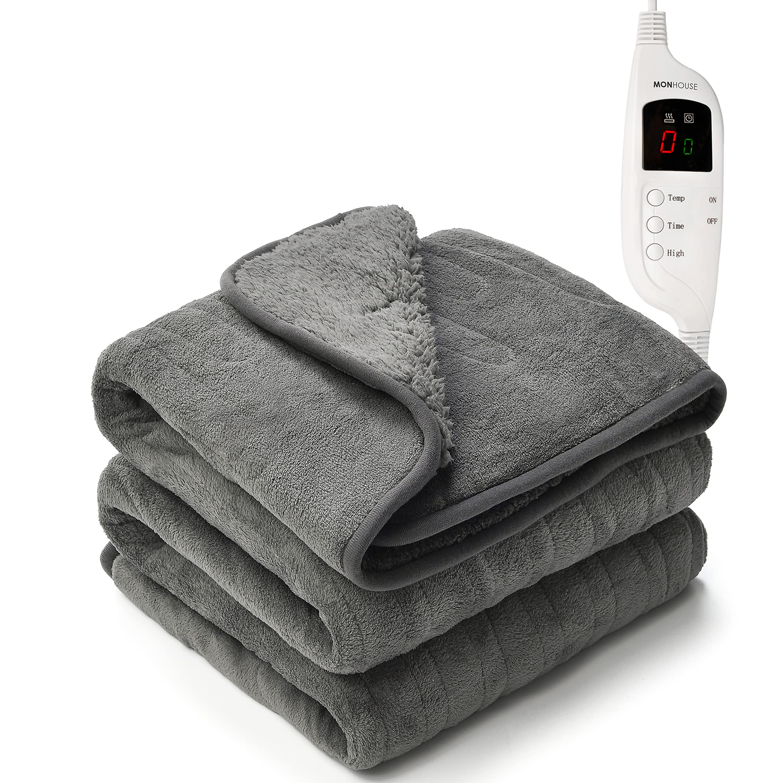 MONHOUSE 130X160 cm Soft Electric Sofa Blanket - Fleece Single Heated Throw With Digital Controller - Machine Washable Bed Throw, Timer up to 9 hours, 9 Heat Settings, Auto Shutoff - Dark Grey Sherpa