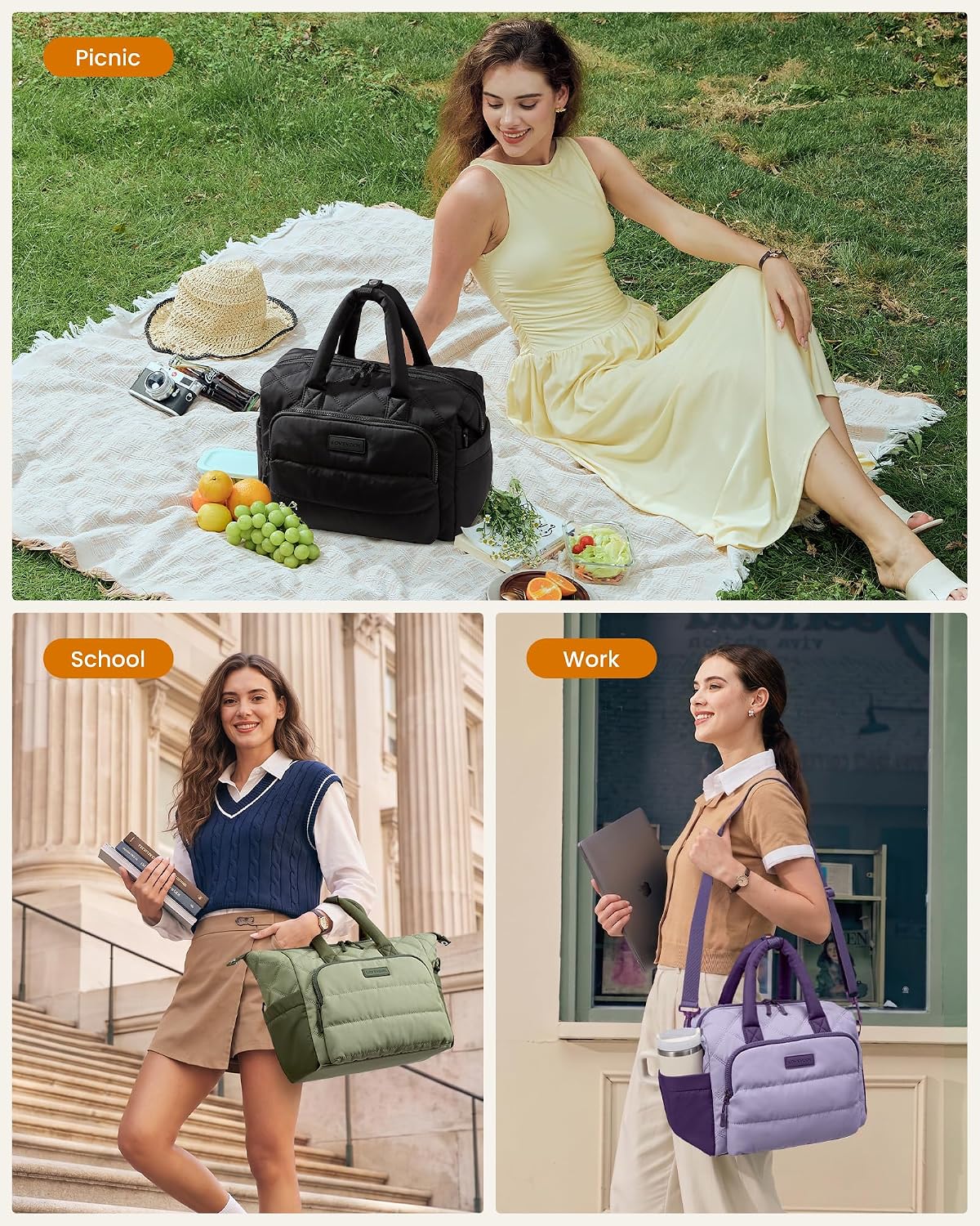 LOVEVOOK Insulated Lunch Bag Women,Puffer Lunch Cooler Box with Utensil Bag